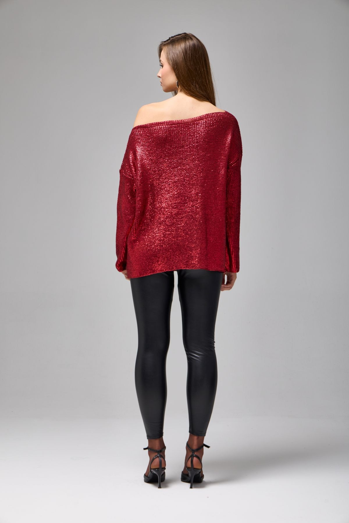 Wholesale Women's Burgundy Shimmering Ribbed Knit Sweater 0037-3714