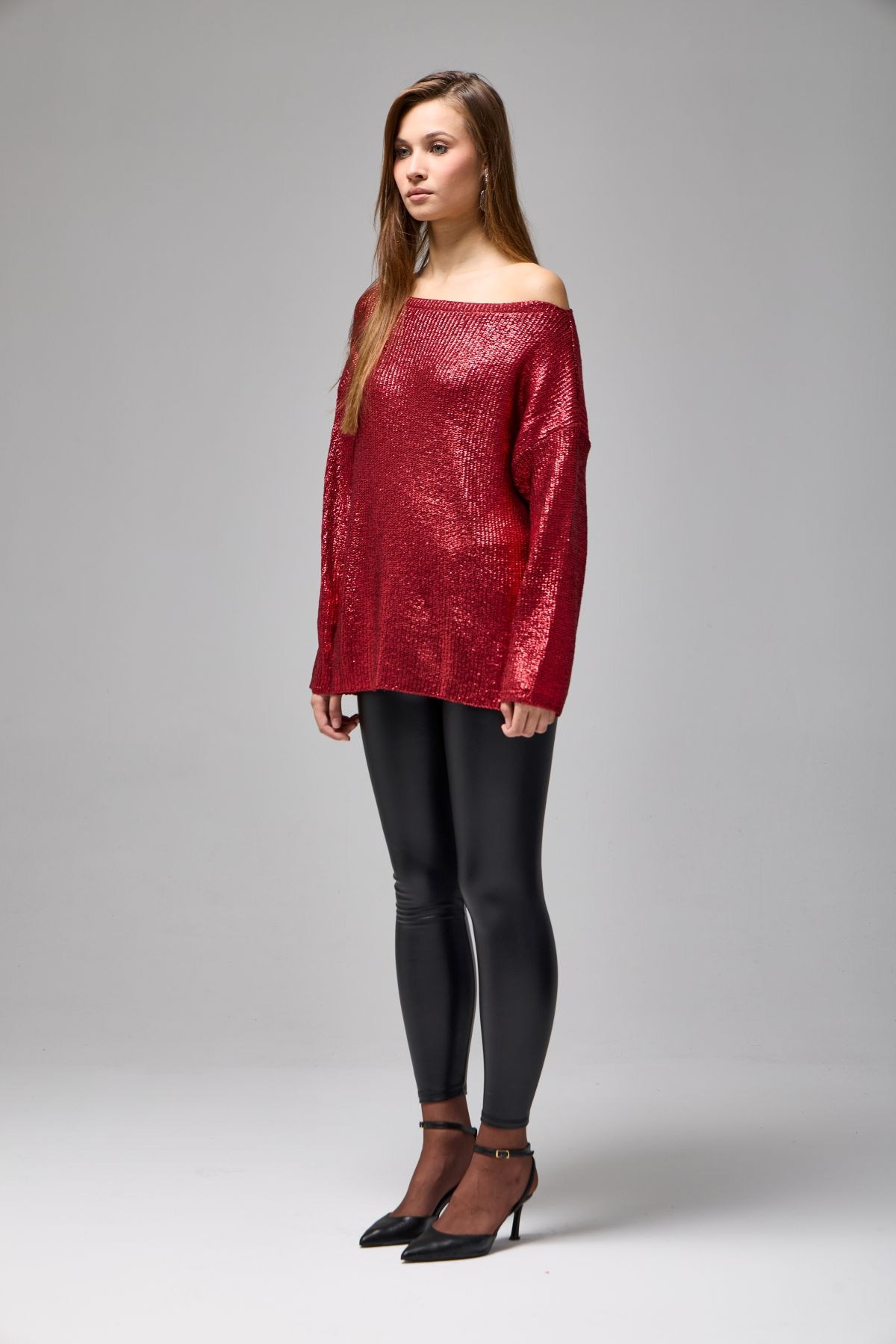 Wholesale Women's Burgundy Shimmering Ribbed Knit Sweater 0037-3714