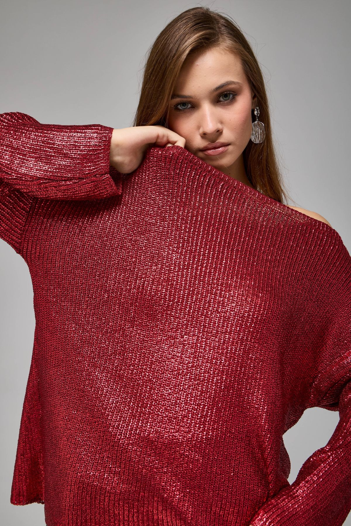 Wholesale Women's Burgundy Shimmering Ribbed Knit Sweater 0037-3714