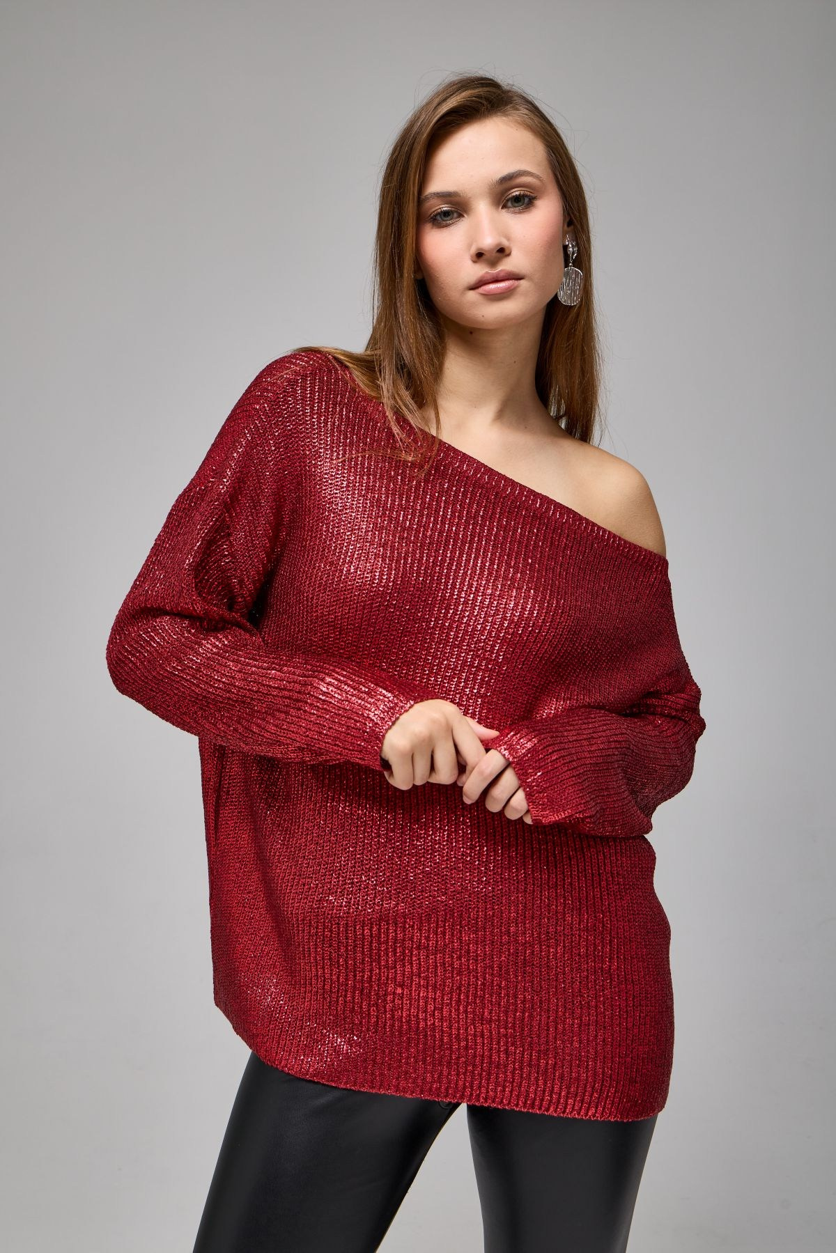 Wholesale Women's Burgundy Shimmering Ribbed Knit Sweater 0037-3714