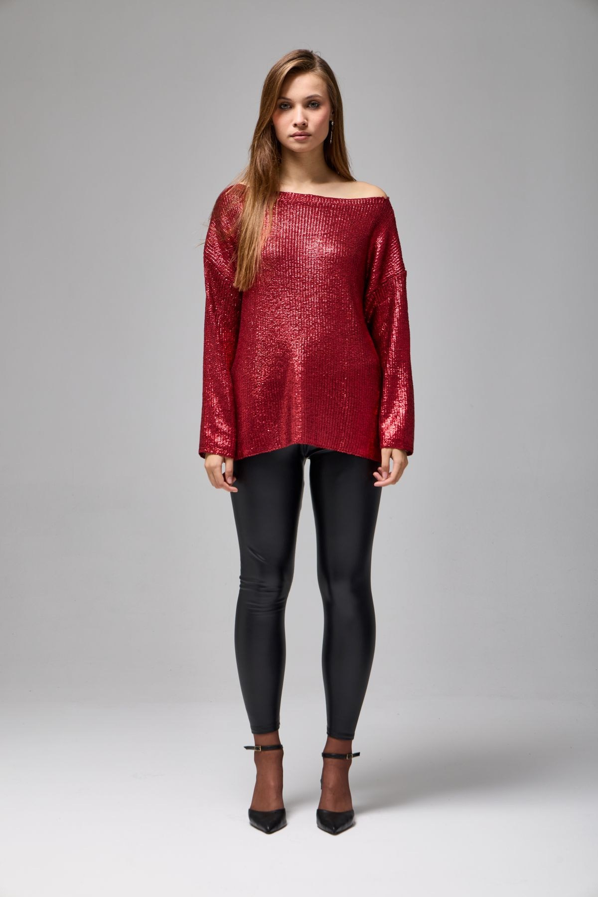 Wholesale Women's Burgundy Shimmering Ribbed Knit Sweater 0037-3714