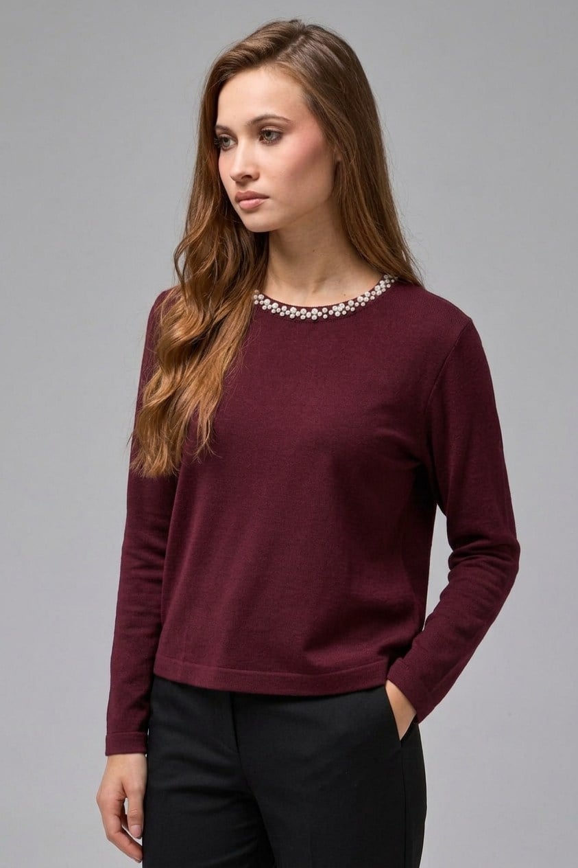 Wholesale Women's Burgundy Soft-Textured Knit Sweater with Pearl-Embellished Collar 0037-3716