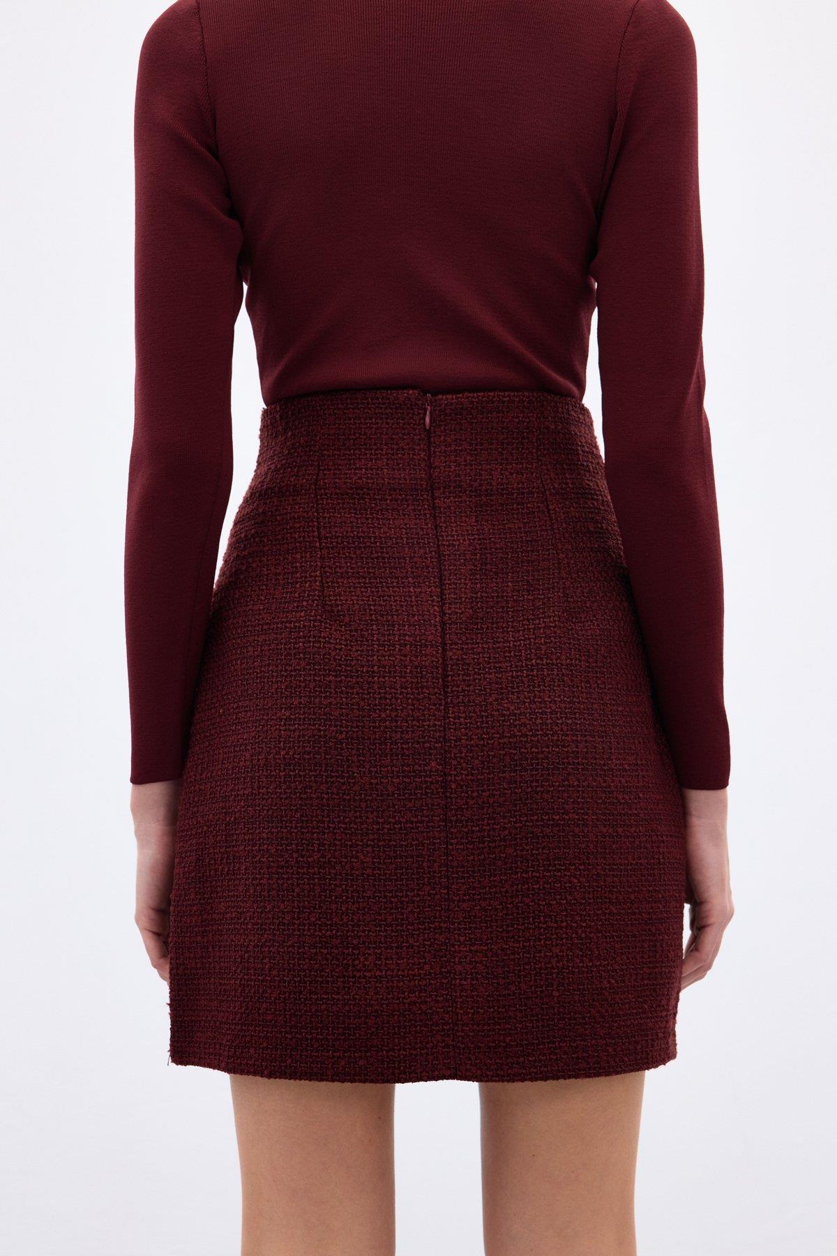 Wholesale Women's Burgundy Tweed Mini Skirt with Rhinestone and Pearl Embellishment 0033-1550-4510