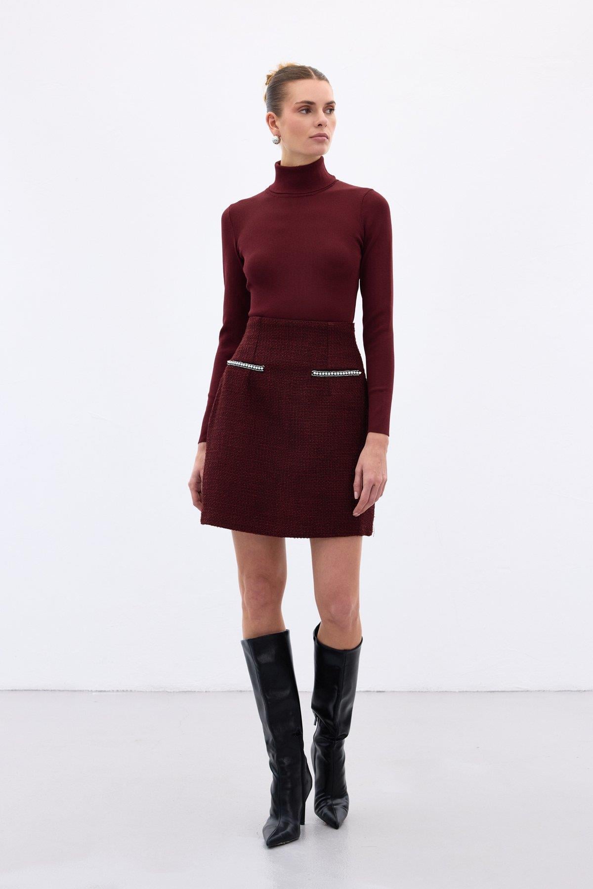 Wholesale Women's Burgundy Tweed Mini Skirt with Rhinestone and Pearl Embellishment 0033-1550-4510
