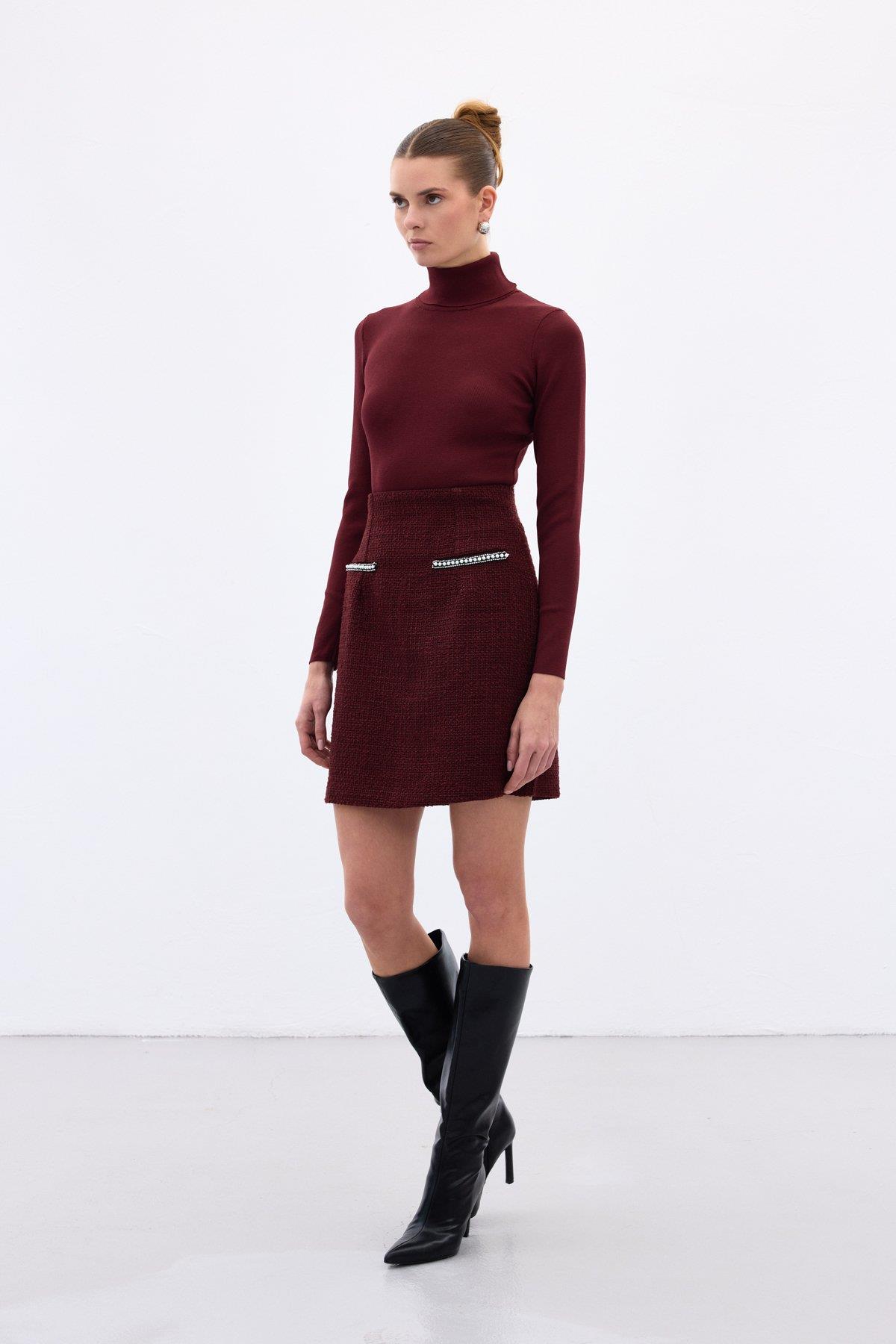 Wholesale Women's Burgundy Tweed Mini Skirt with Rhinestone and Pearl Embellishment 0033-1550-4510