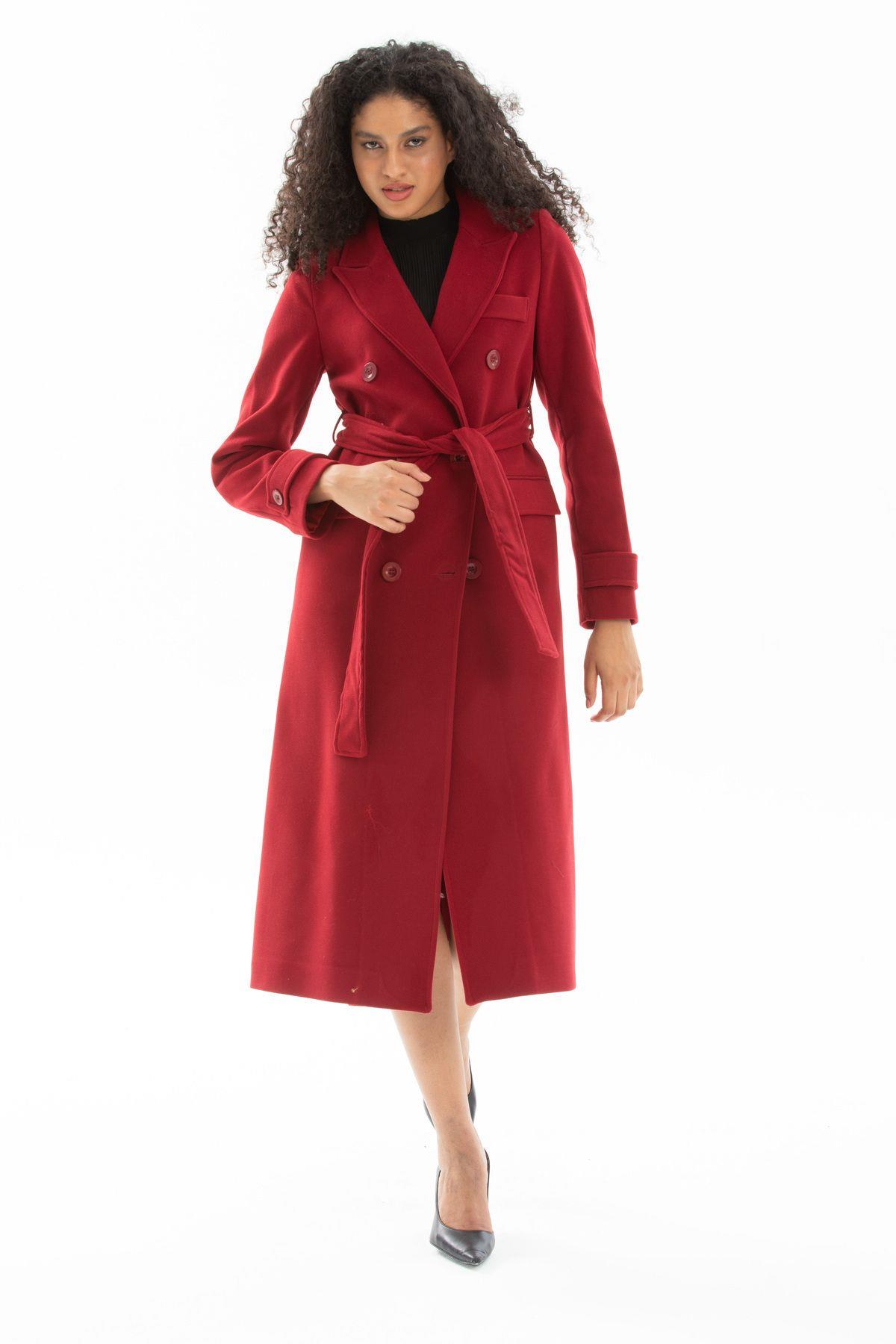 Wholesale Women's Burgundy Wool Belted Notched Collar Lined Coat
