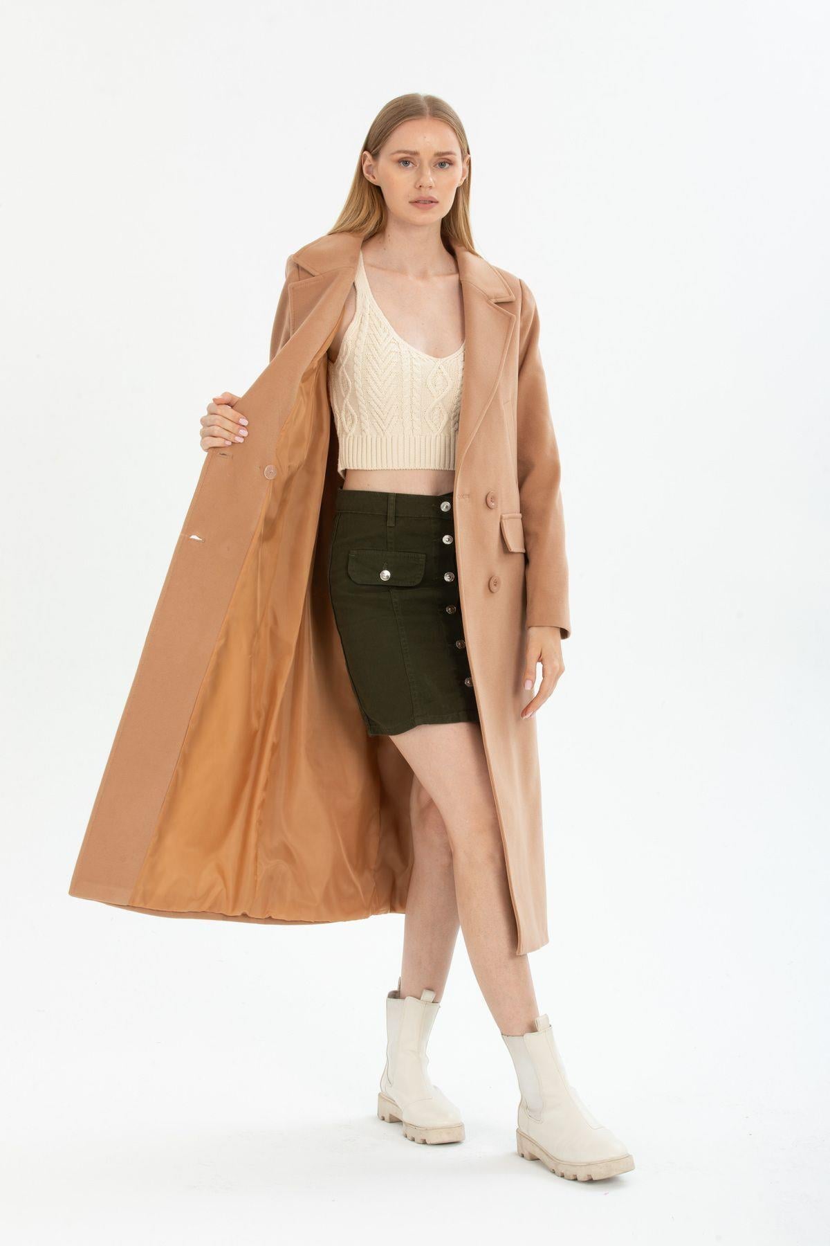 Wholesale Women's Camel Buttoned Long Coat with Kangaroo Pockets