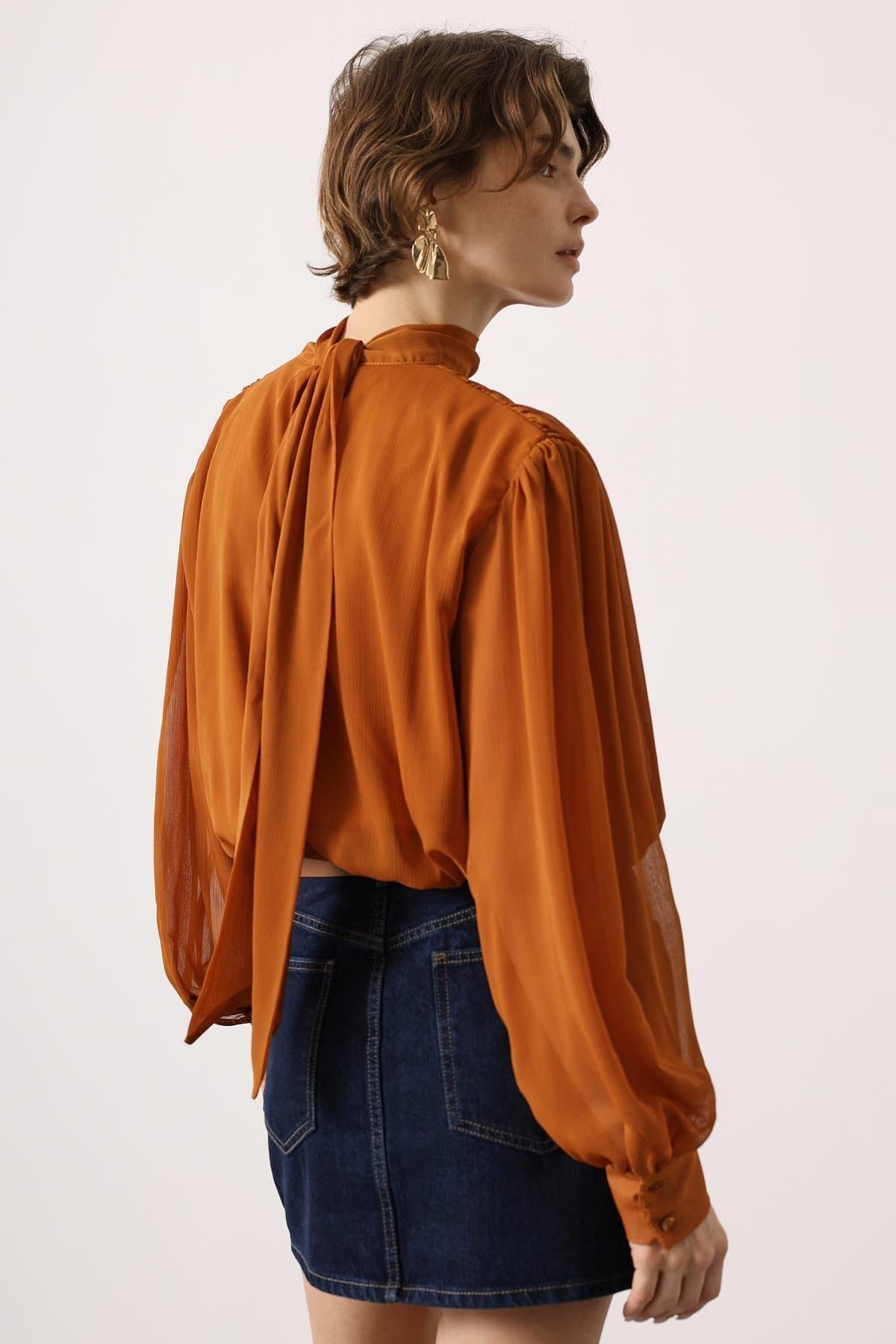 Wholesale Women's Camel Chiffon Blouse with Tie-Neck 0061-31348