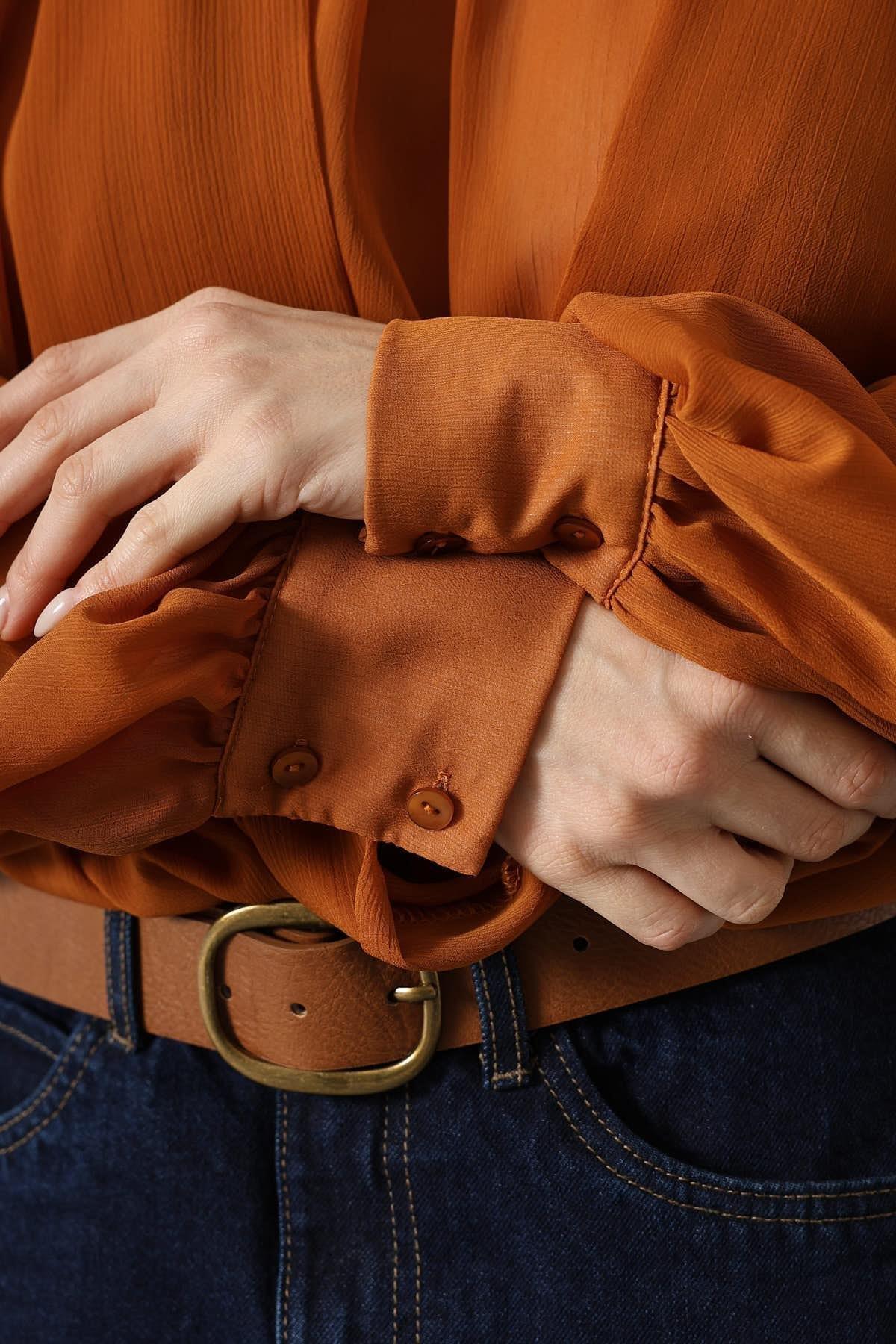 Wholesale Women's Camel Chiffon Blouse with Tie-Neck 0061-31348