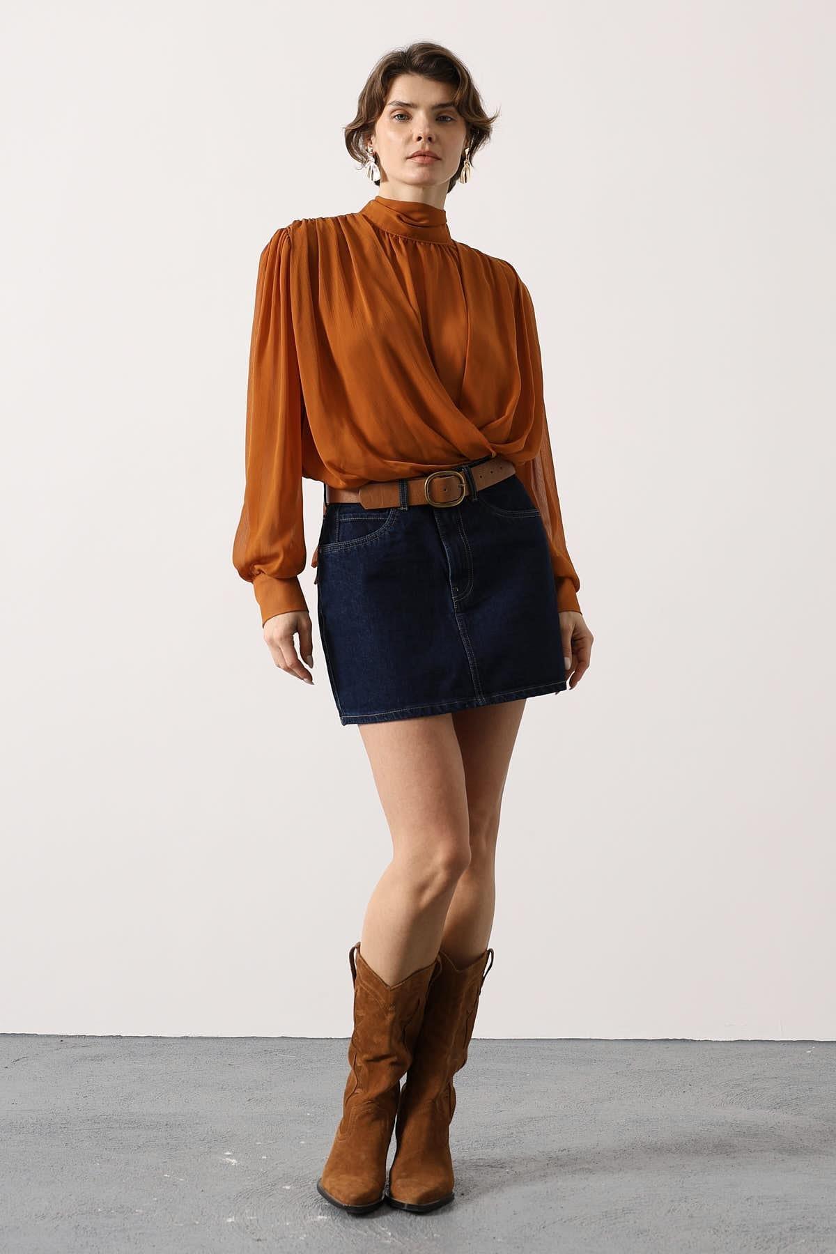 Wholesale Women's Camel Chiffon Blouse with Tie-Neck 0061-31348