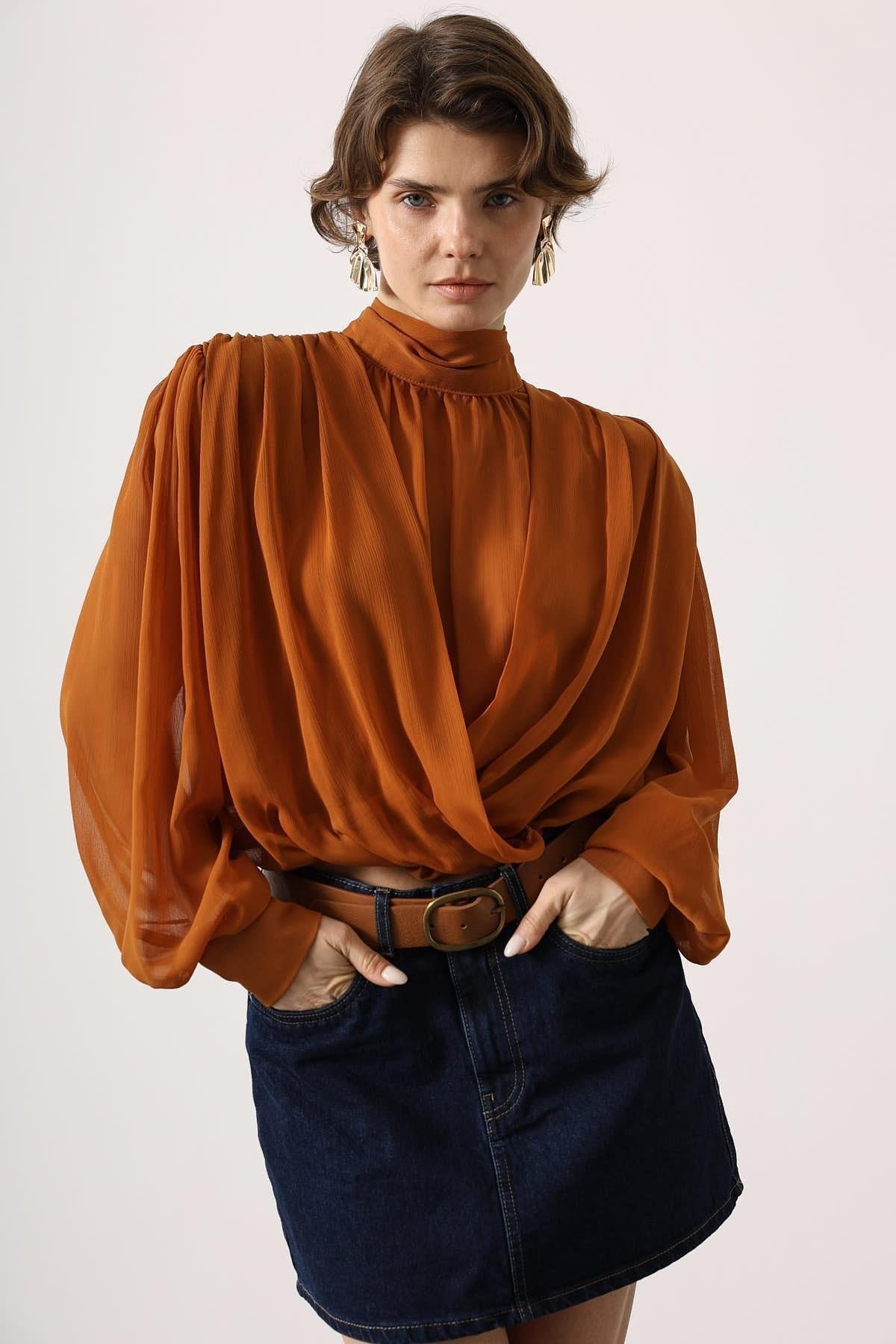 Wholesale Women's Camel Chiffon Blouse with Tie-Neck 0061-31348