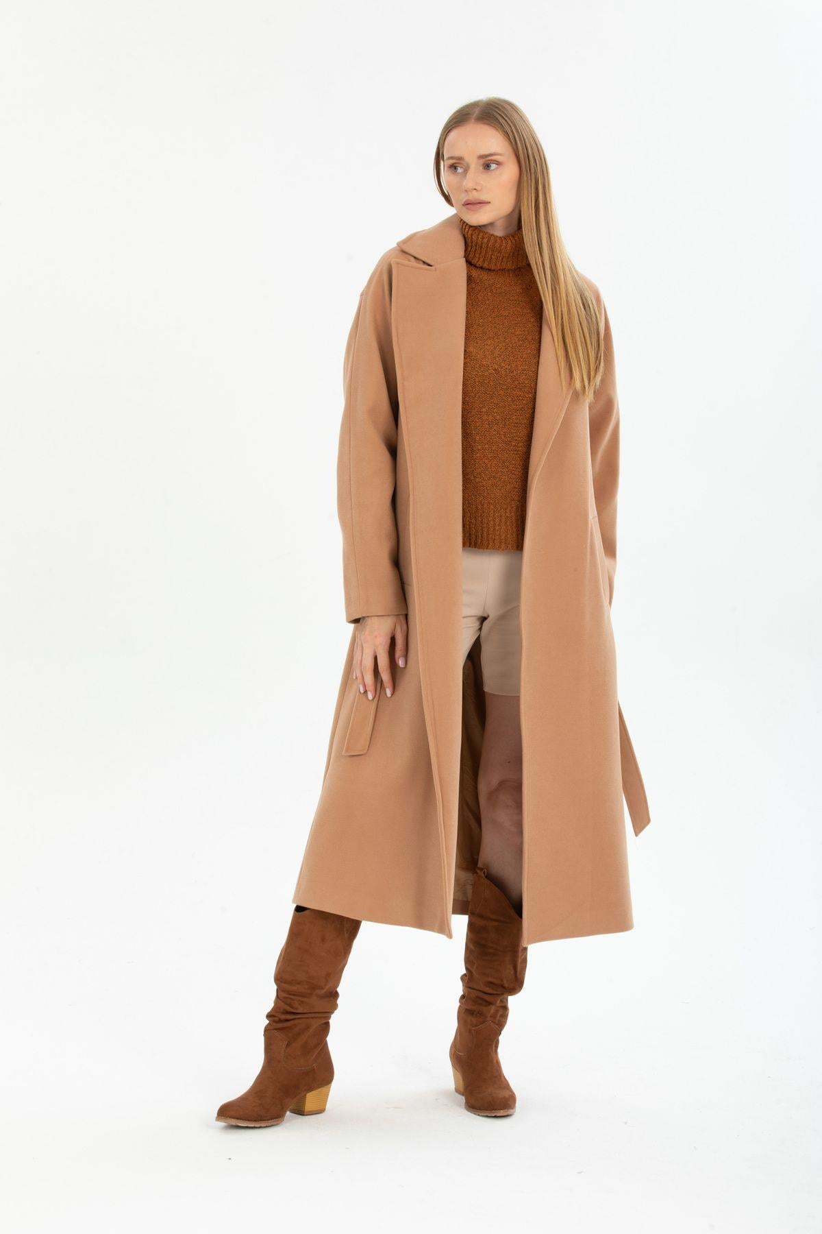 Wholesale Women's Camel Long Belted Lined Pocketed Coat 70617