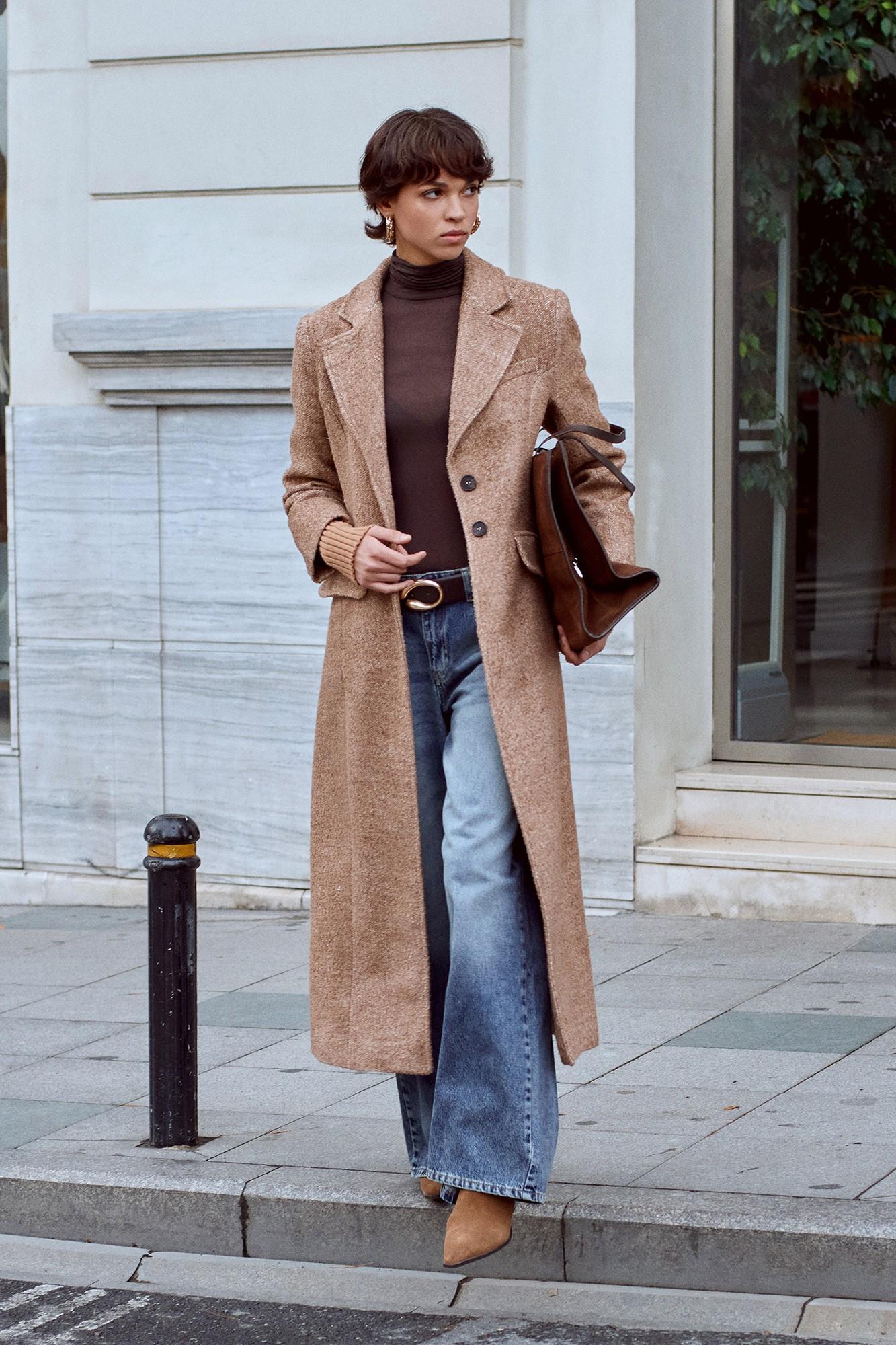 Wholesale Women's Camel Long Coat with Knitted Sleeves 0431-65478