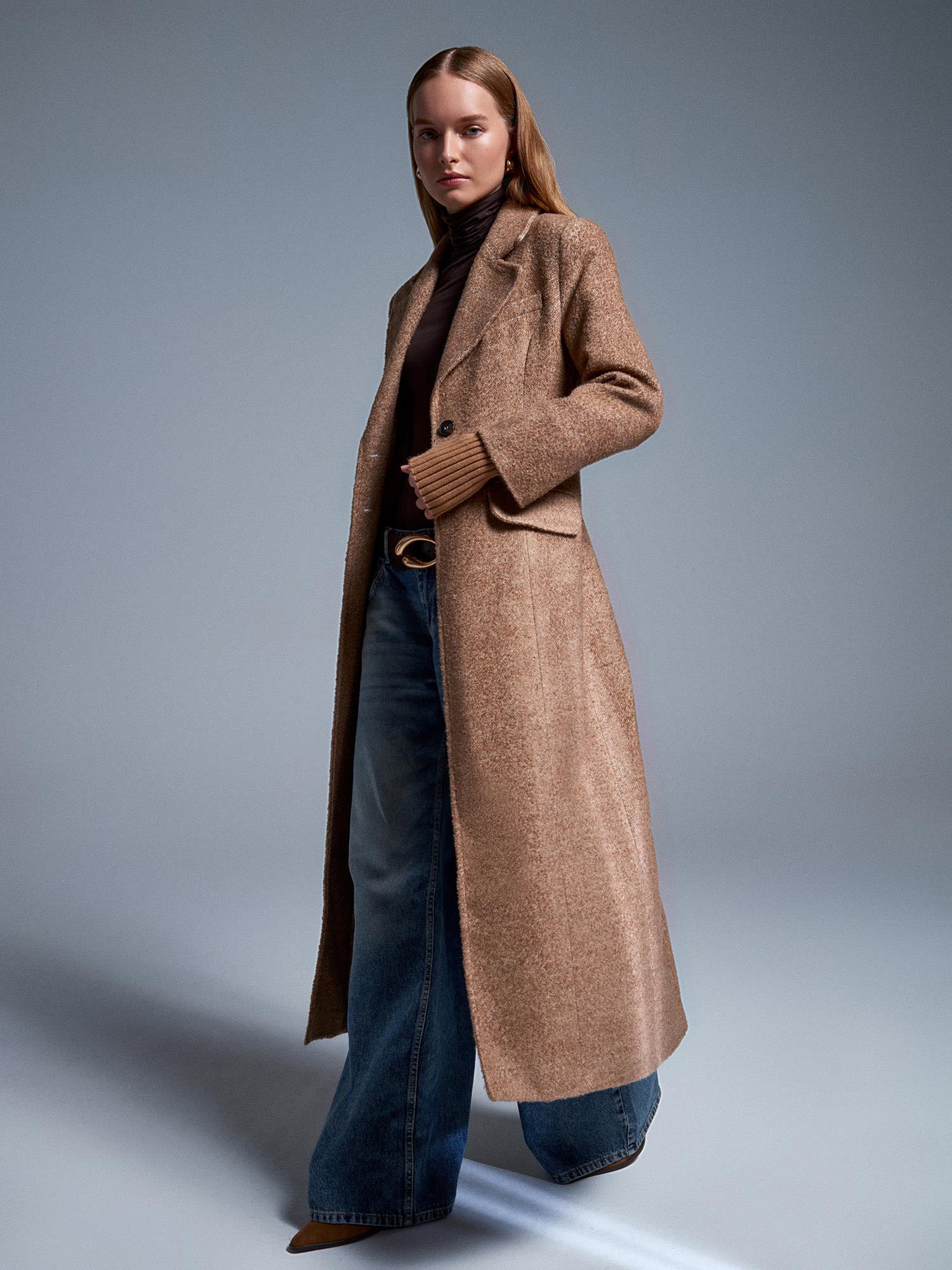 Wholesale Women's Camel Long Coat with Knitted Sleeves 0431-65478