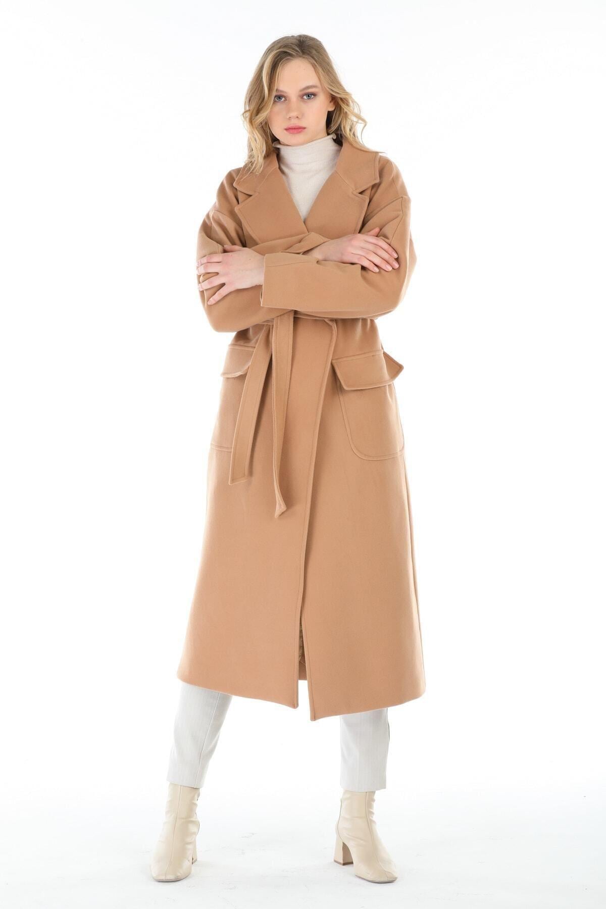 Wholesale Women's Camel Long Notched Collar Black Lined Coat
