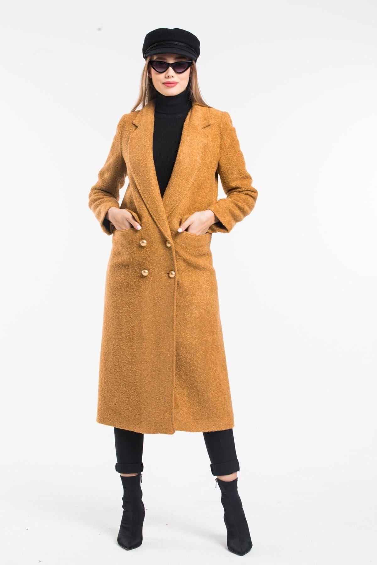 Wholesale Women's Camel Mustard Boucle Buttoned Coat