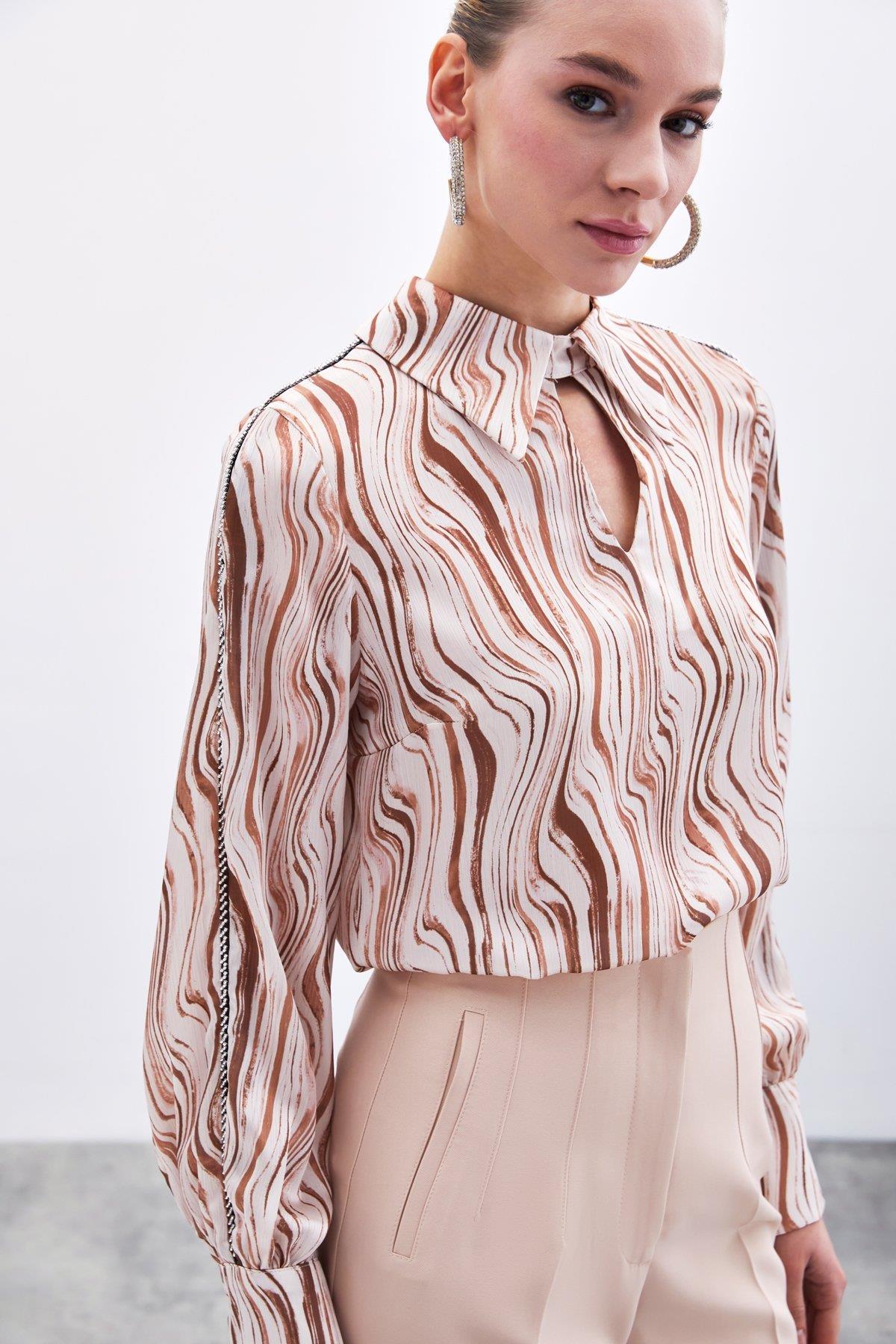 Wholesale Women's Camel Patterned Blouse with Rhinestone Trim on Bishop Sleeves 0033-1719-1004