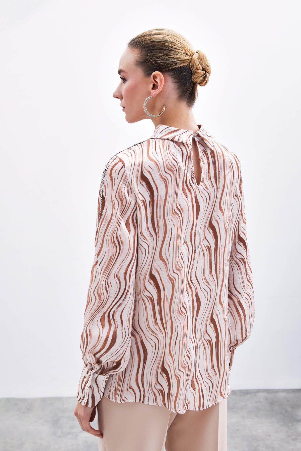 Wholesale Women's Camel Patterned Blouse with Rhinestone Trim on Bishop Sleeves 0033-1719-1004