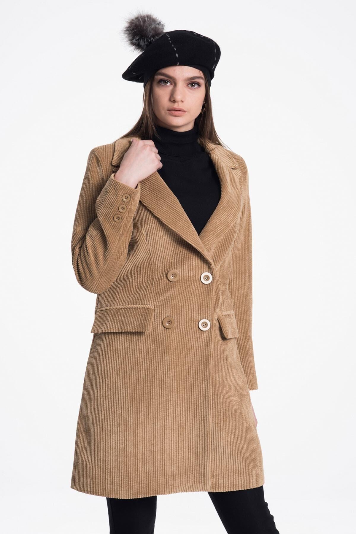 Wholesale Women's Camel Velvet Double-Breasted Long Jacket