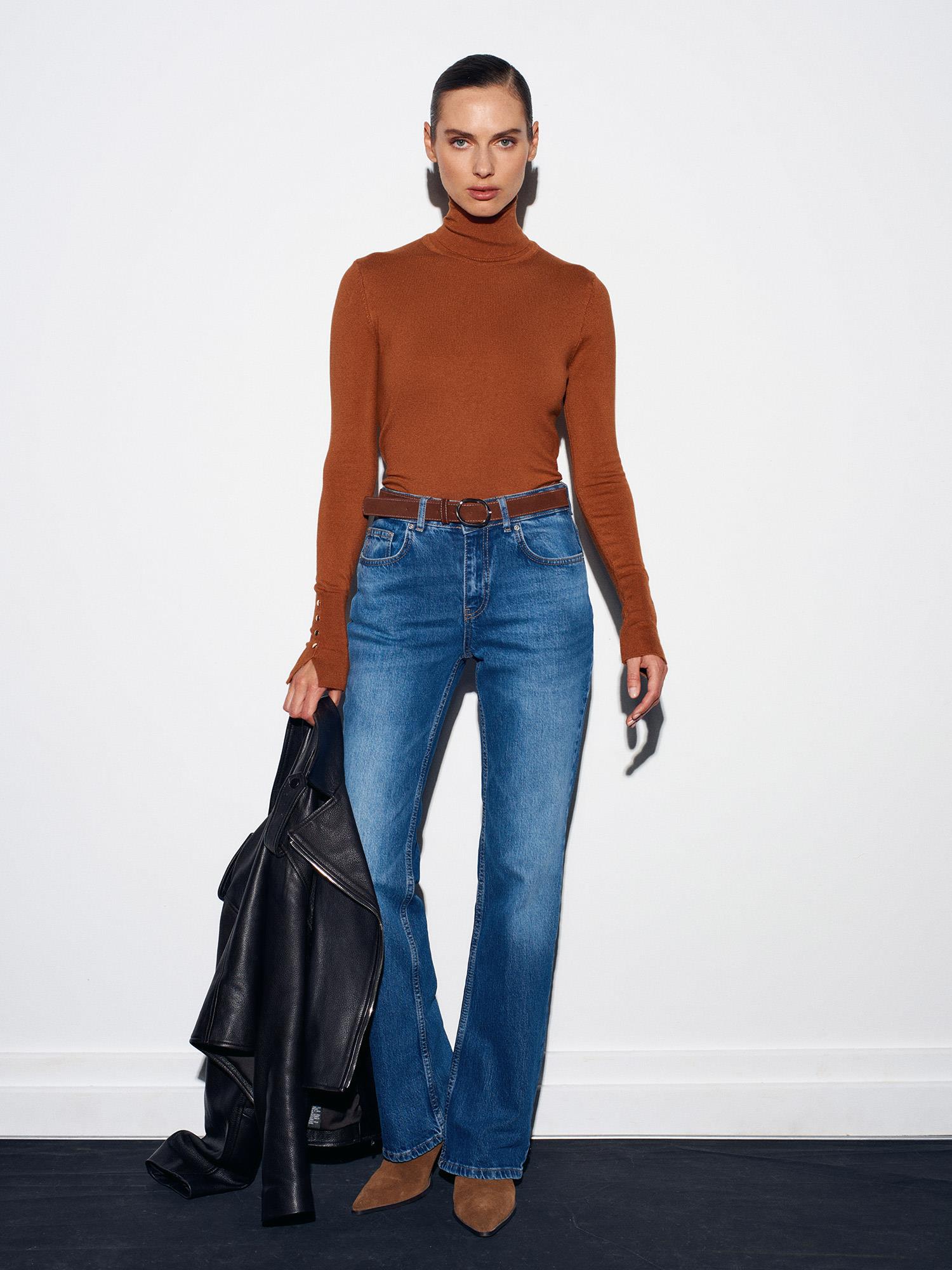 Wholesale Women's Caramel Turtleneck Knit Sweater with Snap-Button Wide Cuffs 0431W26-1268