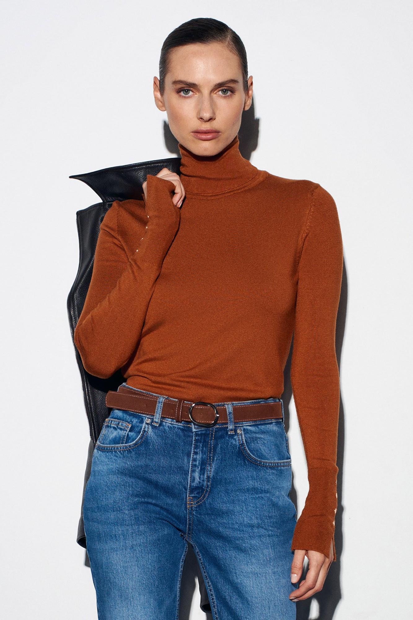 Wholesale Women's Caramel Turtleneck Knit Sweater with Snap-Button Wide Cuffs 0431W26-1268