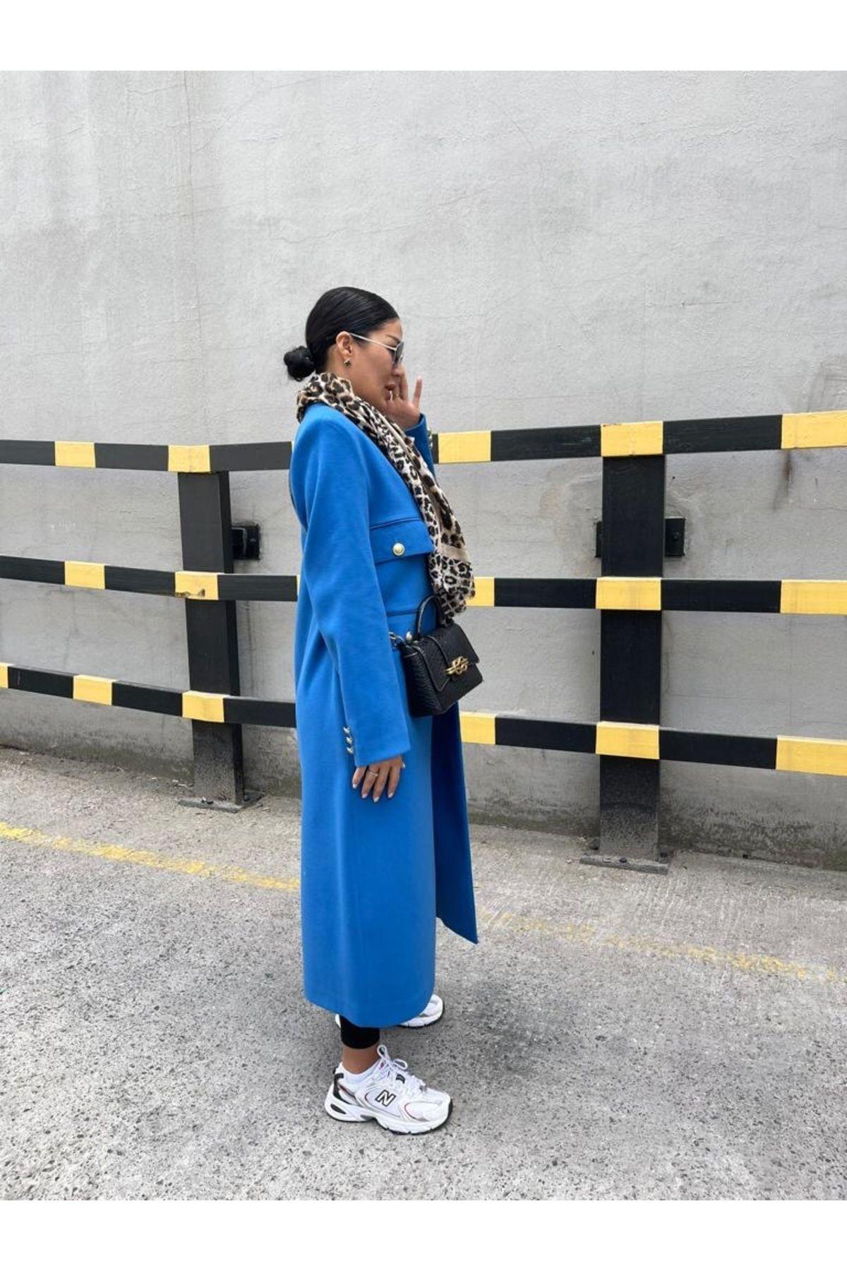 Wholesale Women's Cobalt Blue Zero Collar Long Coat
