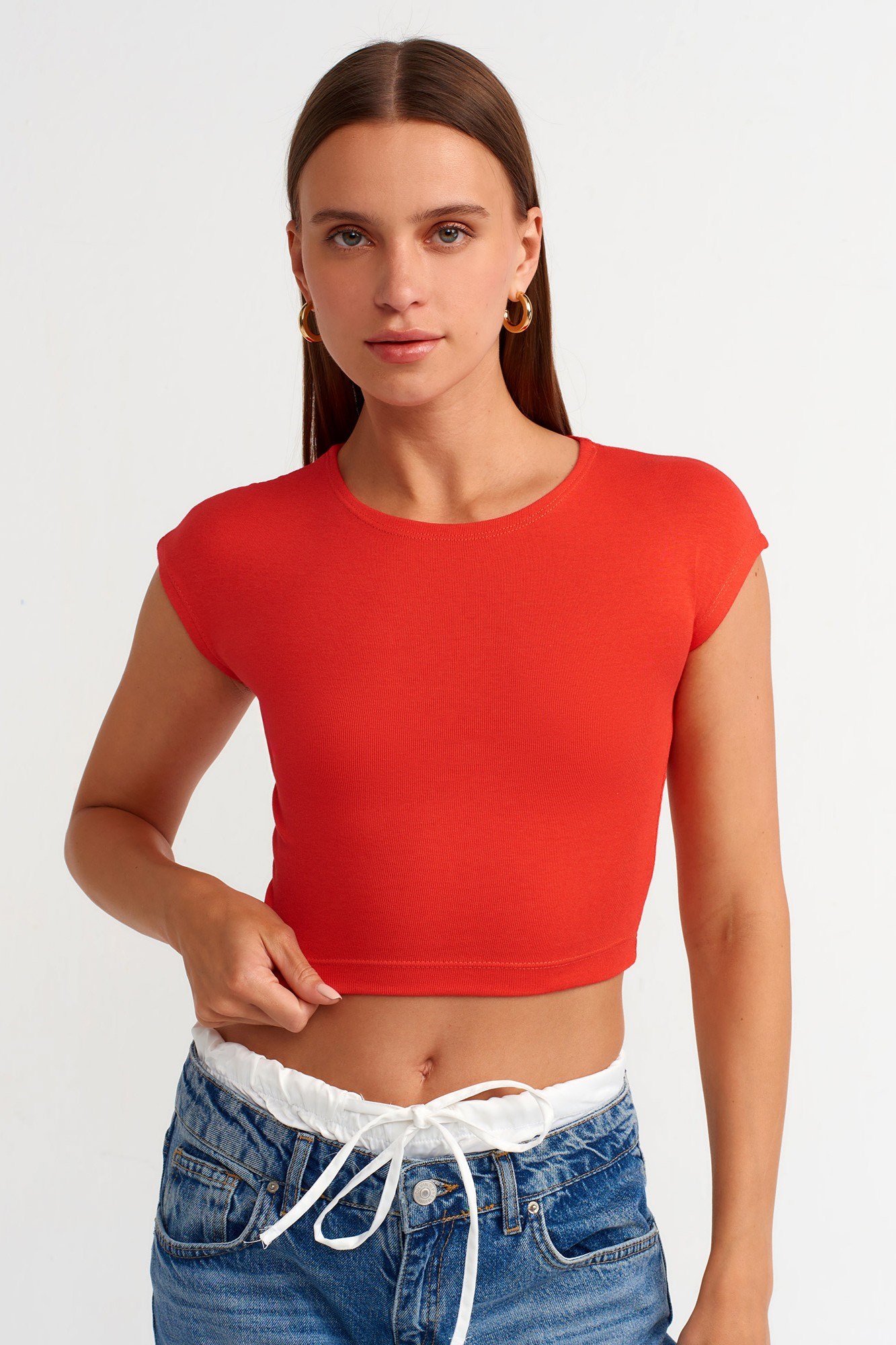 Wholesale Women's Coral Red Modal-Cotton Cropped T-Shirt 0431-30528