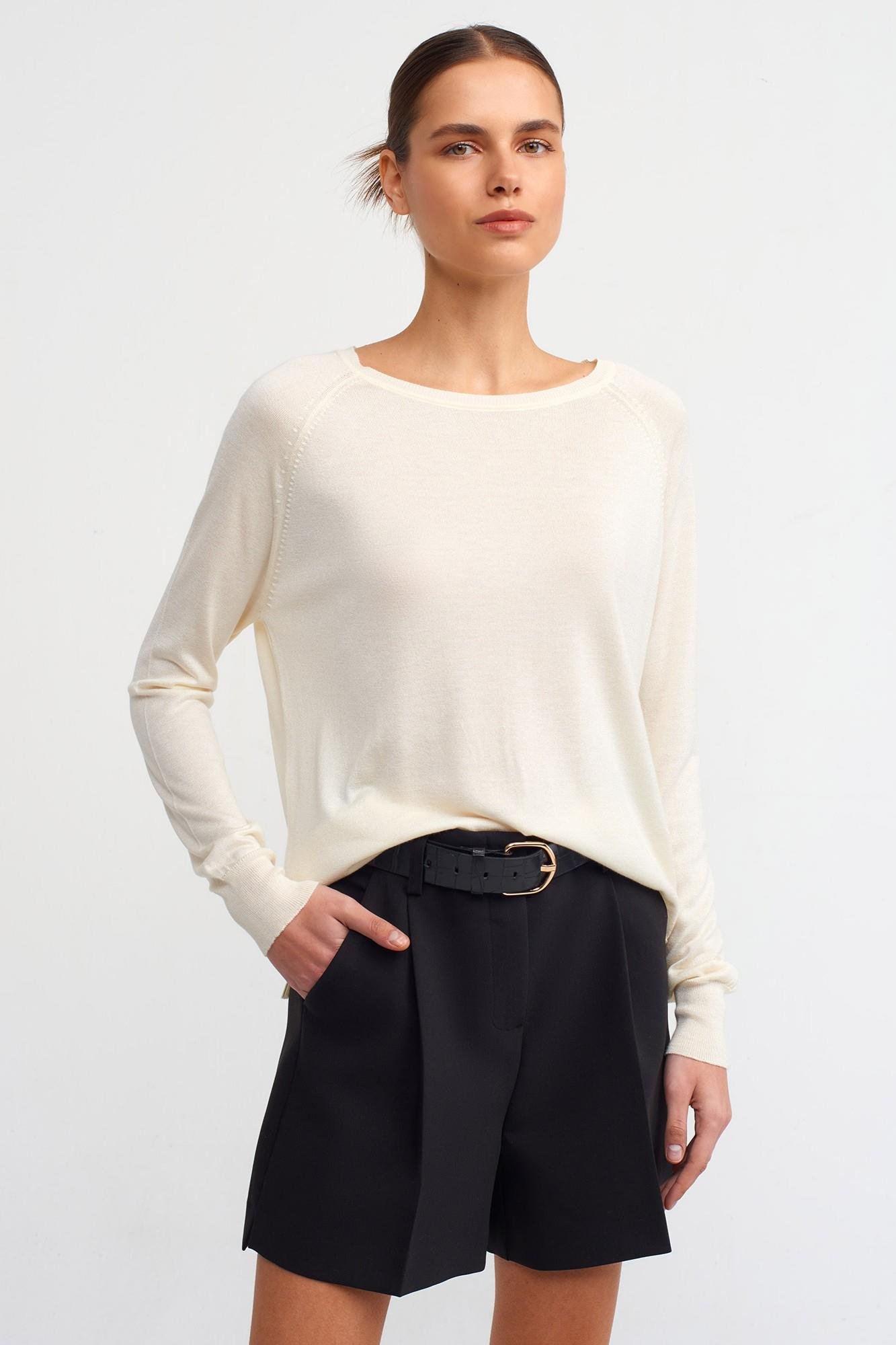 Wholesale Women's Cream Fine Knit Blouse with Raglan Sleeves and Side Slits 0431W26-10536