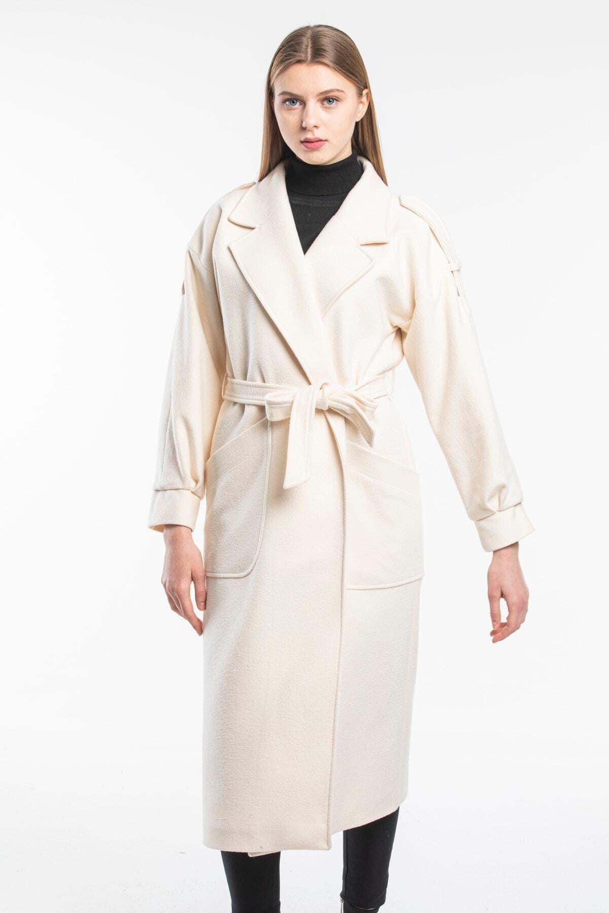 Wholesale Women's Cream Long Belted Big Pocket Coat