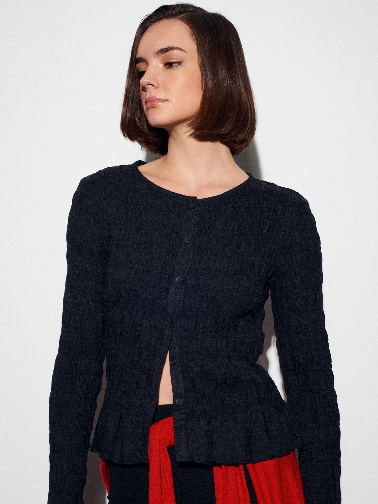 Wholesale Women's Dark Anthracite Buttoned Shirred Knit Top 0431-50926