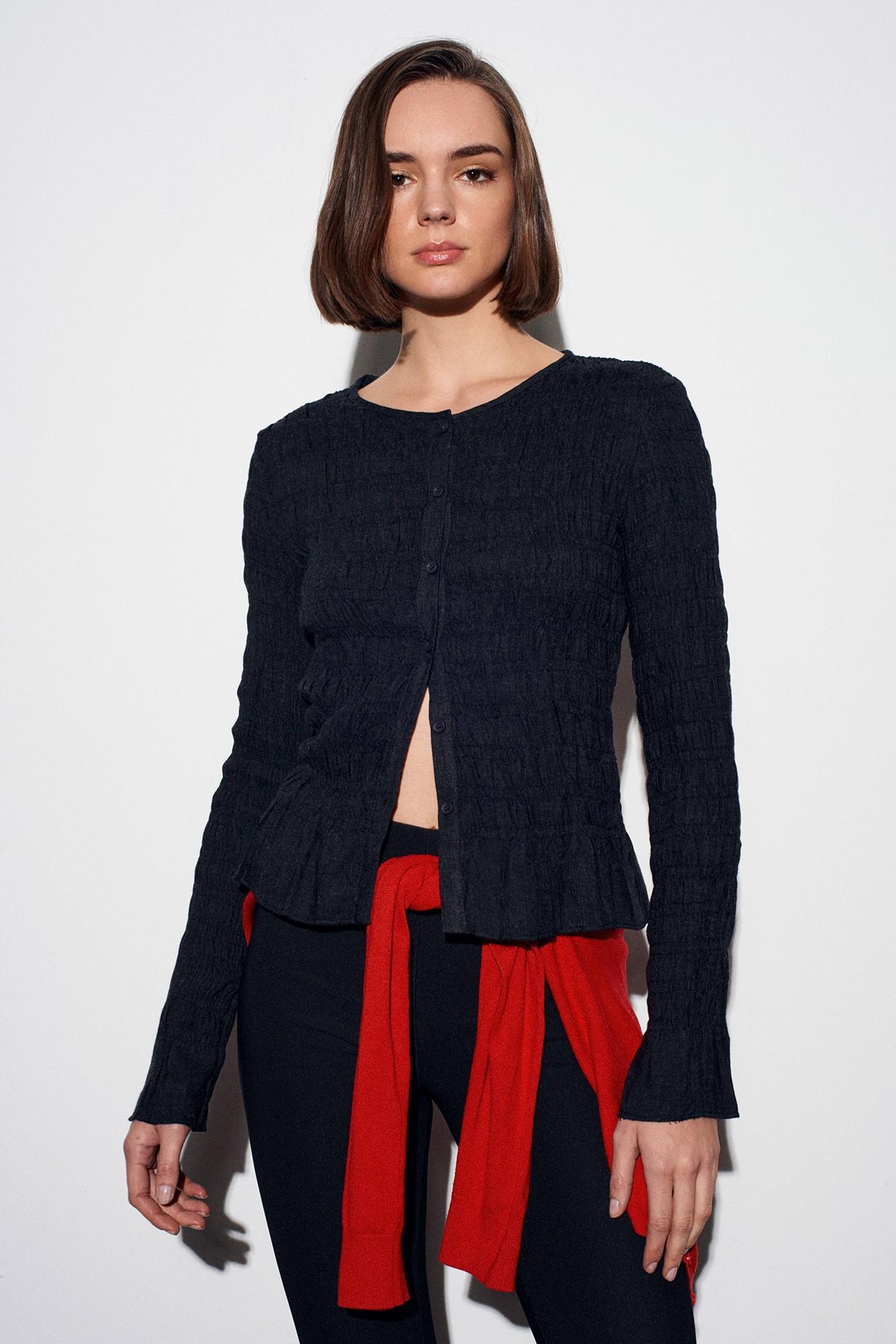 Wholesale Women's Dark Anthracite Buttoned Shirred Knit Top 0431-50926