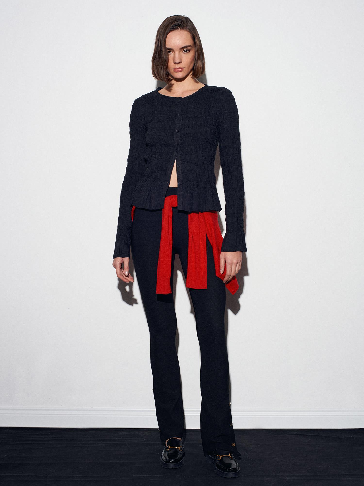 Wholesale Women's Dark Anthracite Buttoned Shirred Knit Top 0431-50926