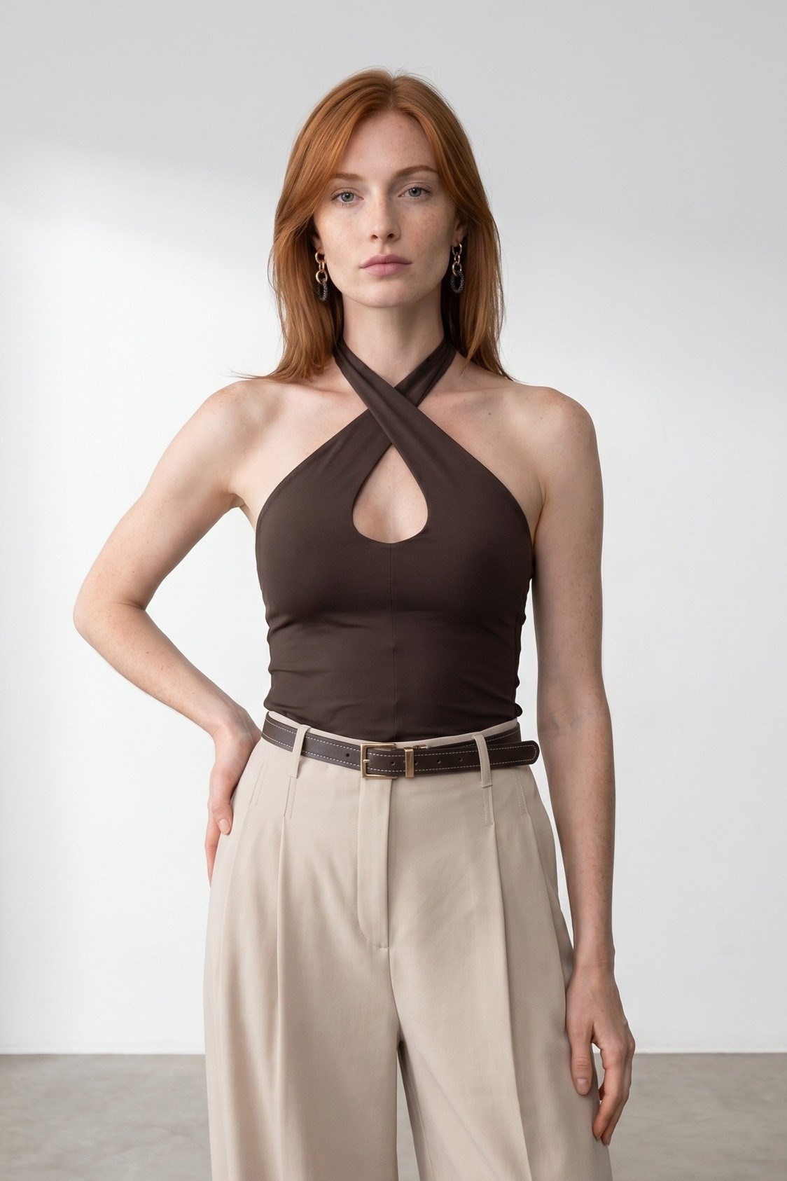 Wholesale Women's Dark Brown Cross-Front Halter Top 0431-21267