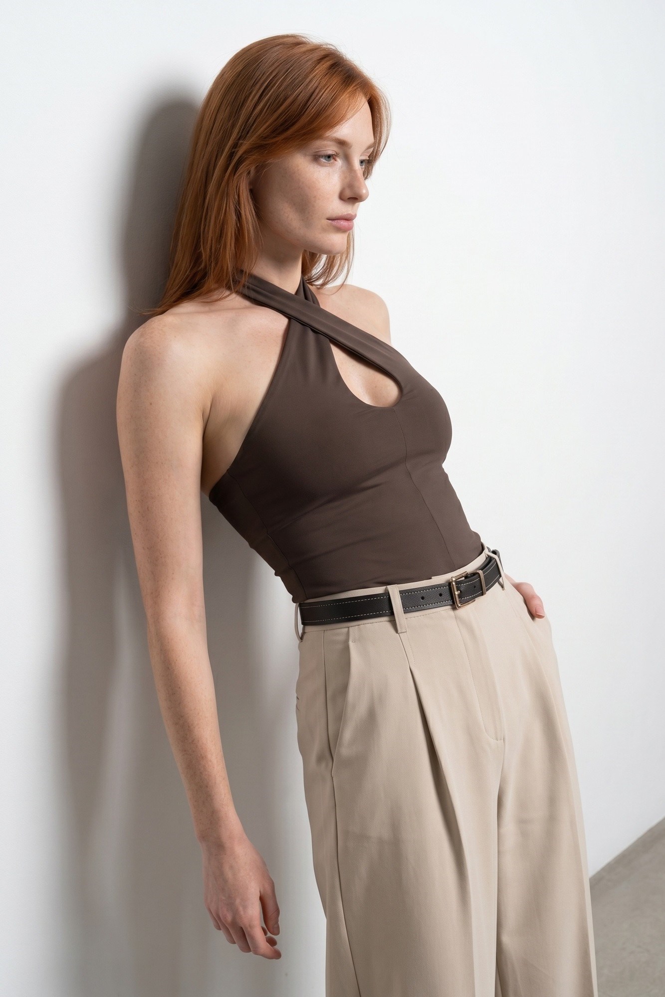 Wholesale Women's Dark Brown Cross-Front Halter Top 0431-21267