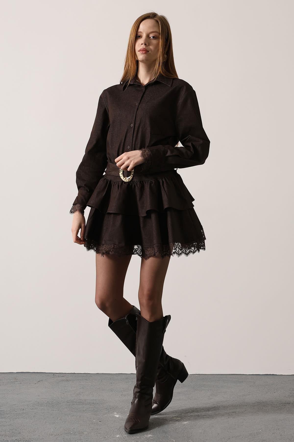 Wholesale Women's Dark Brown Denim Mini Dress with Lace Trim 0061-35544