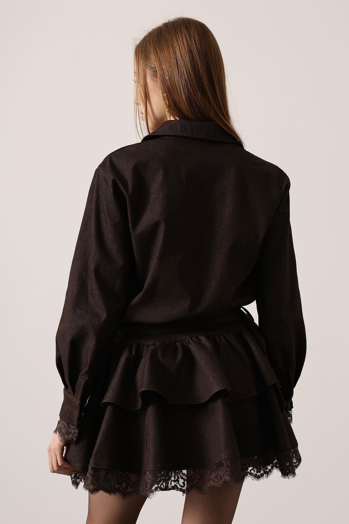 Wholesale Women's Dark Brown Denim Mini Dress with Lace Trim 0061-35544