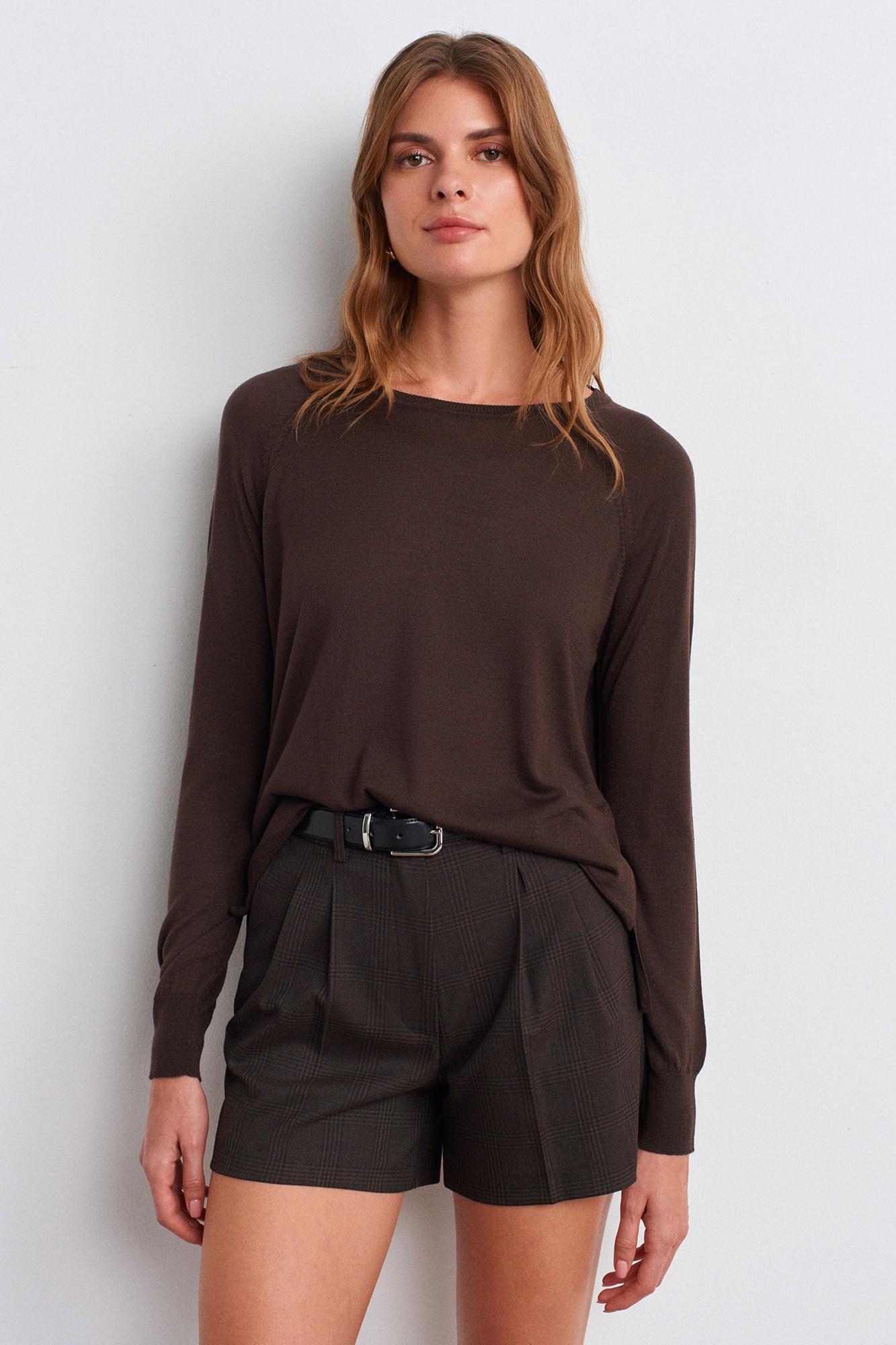 Wholesale Women's Dark Brown Fine Knit Blouse with Raglan Sleeves and Side Slits 0431W26-10536