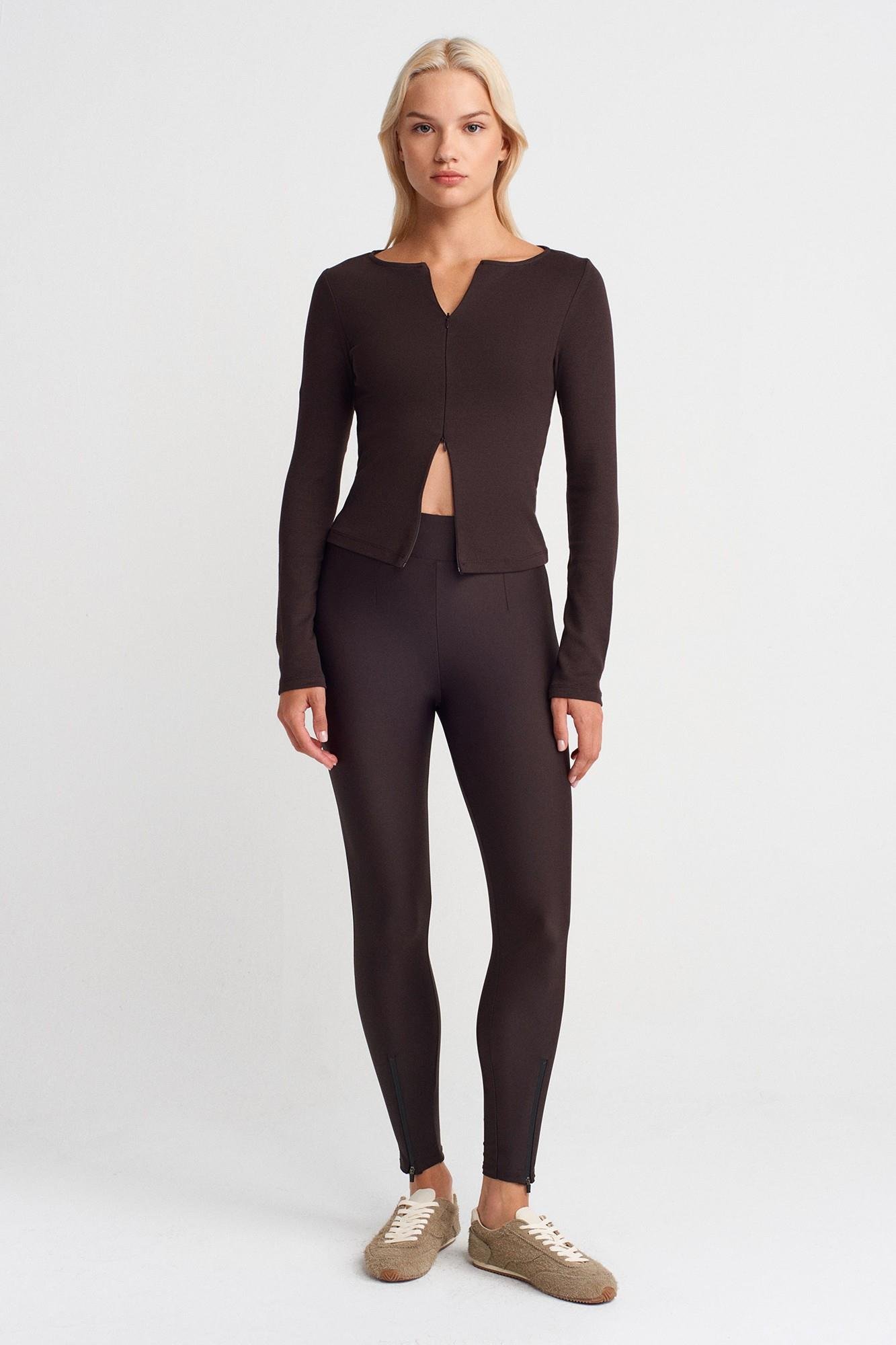 Wholesale Women's Dark Brown Leggings with Front Ankle Zippers 0431W26-7934