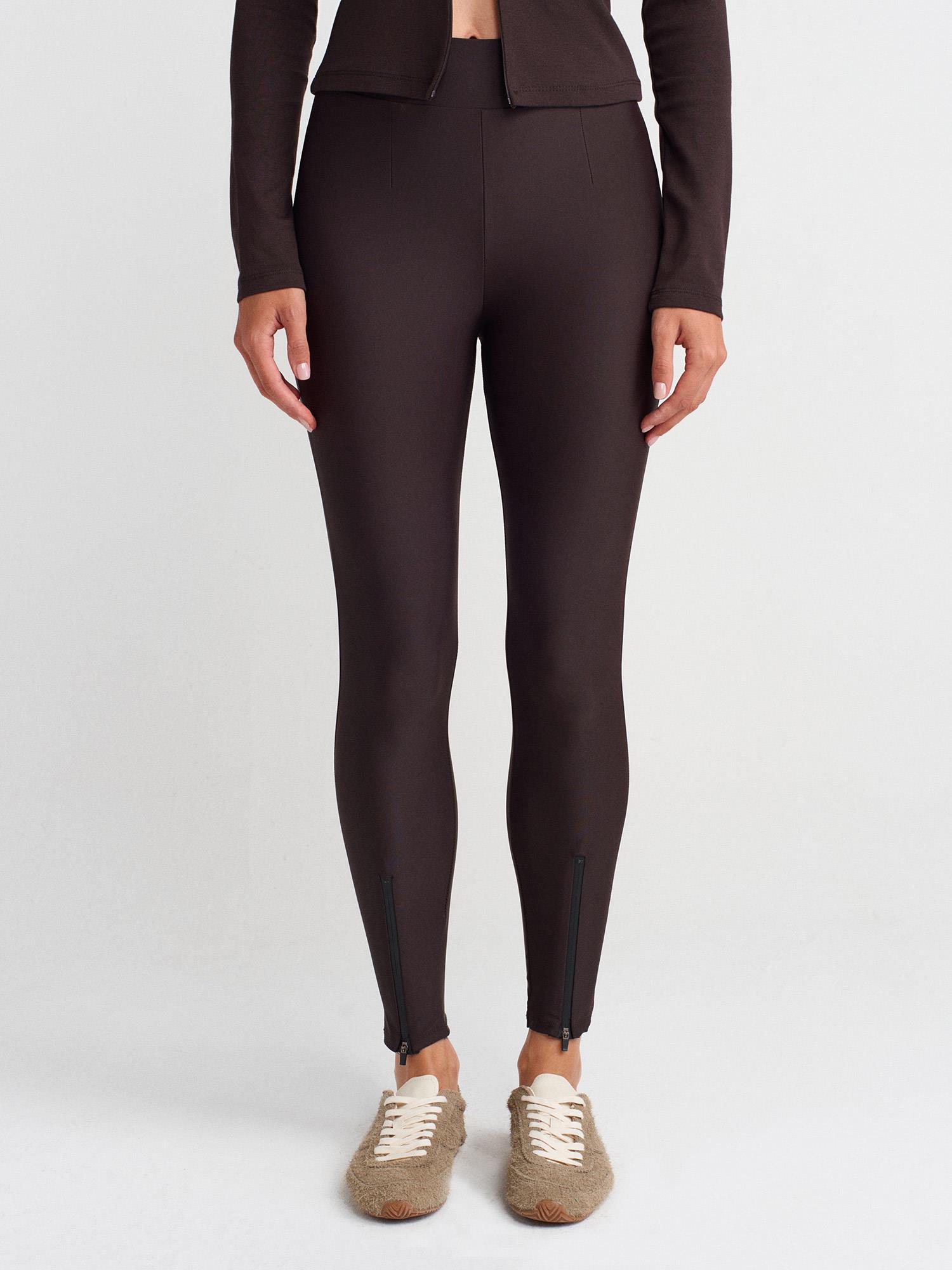 Wholesale Women's Dark Brown Leggings with Front Ankle Zippers 0431W26-7934