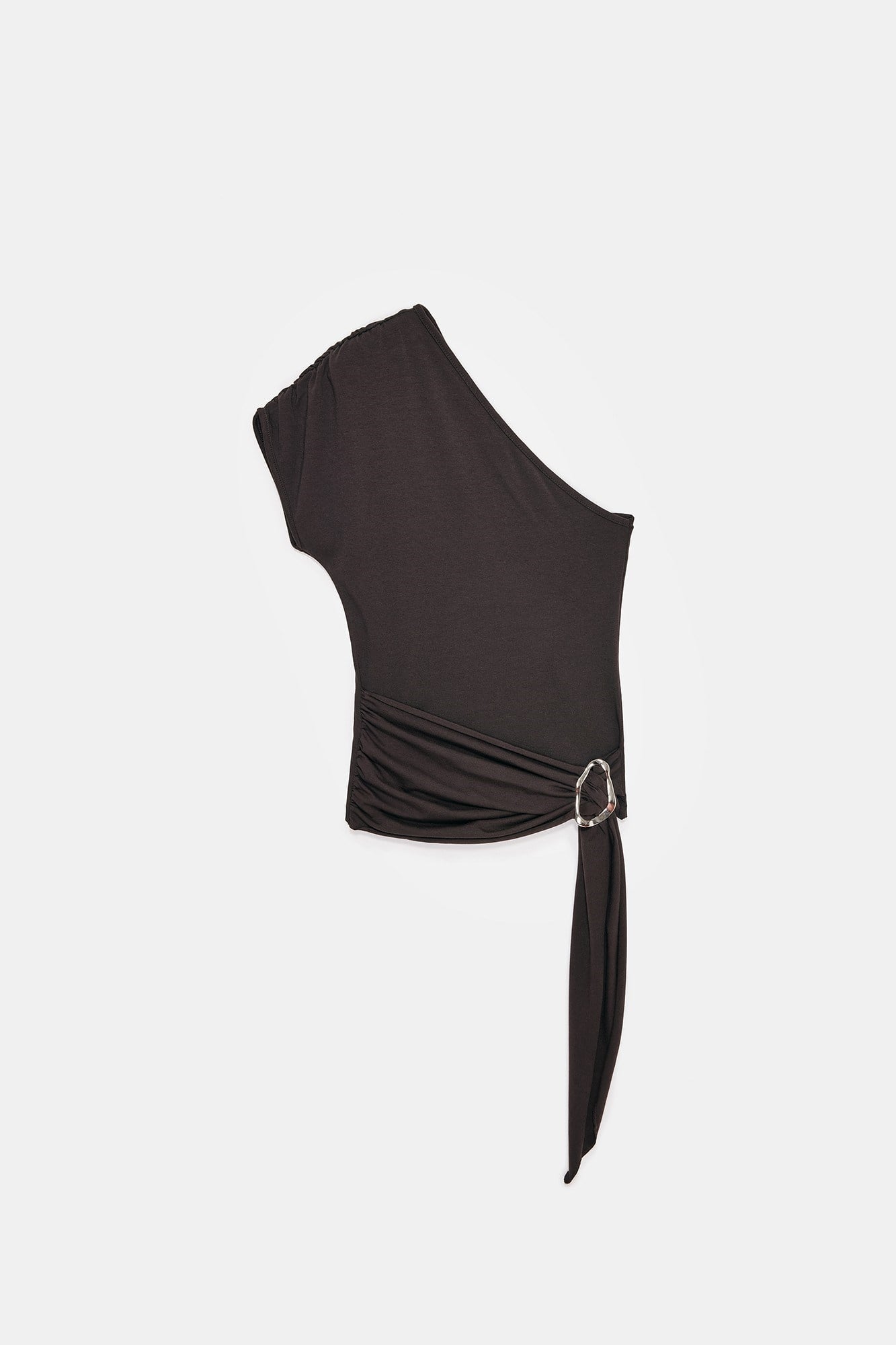 Wholesale Women's Dark Brown One-Shoulder Buckle-Detailed Draped Top 0431-32877