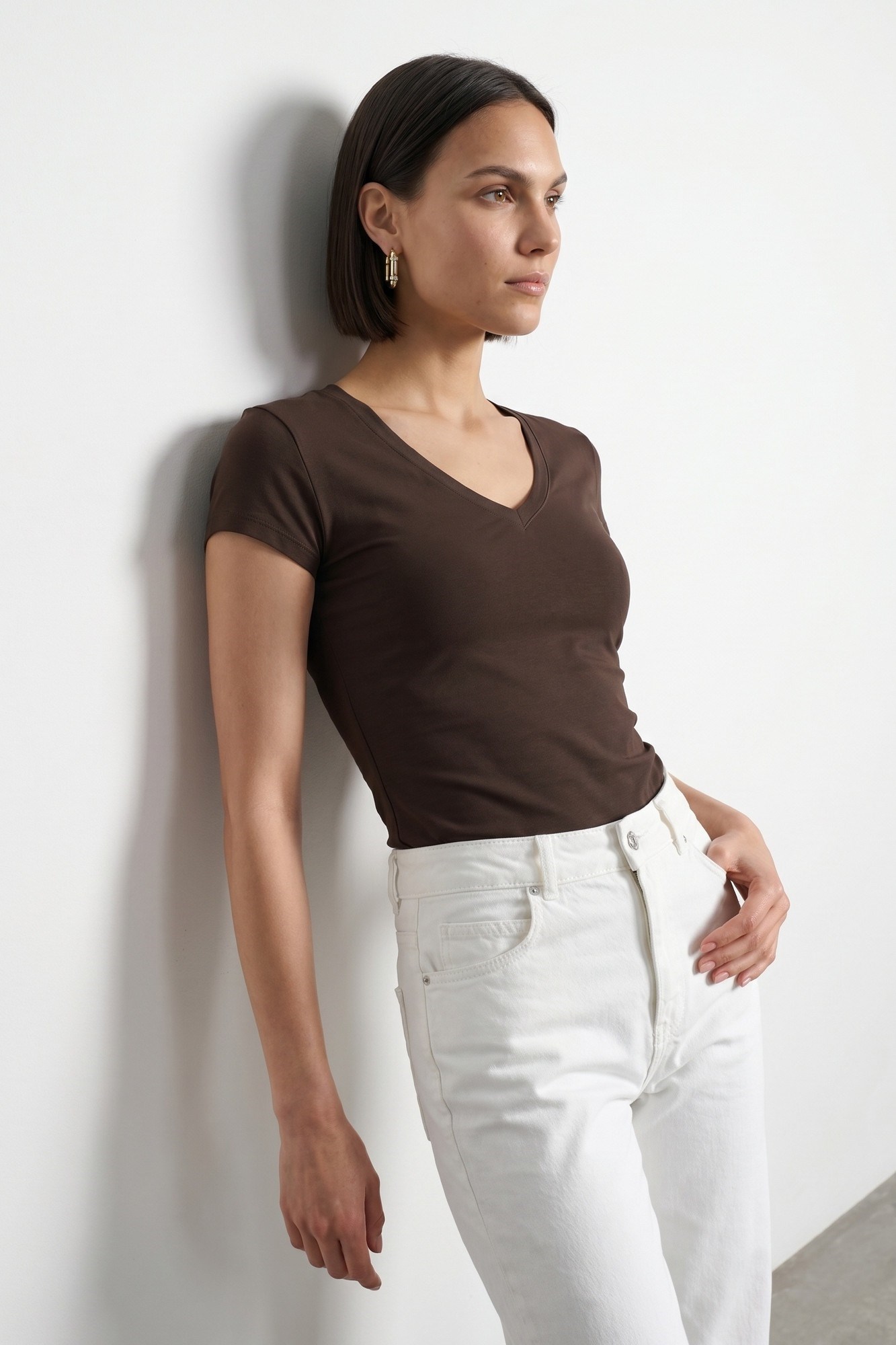 Wholesale Women's Dark Brown Supima Cotton V-Neck Tee 0431-32799