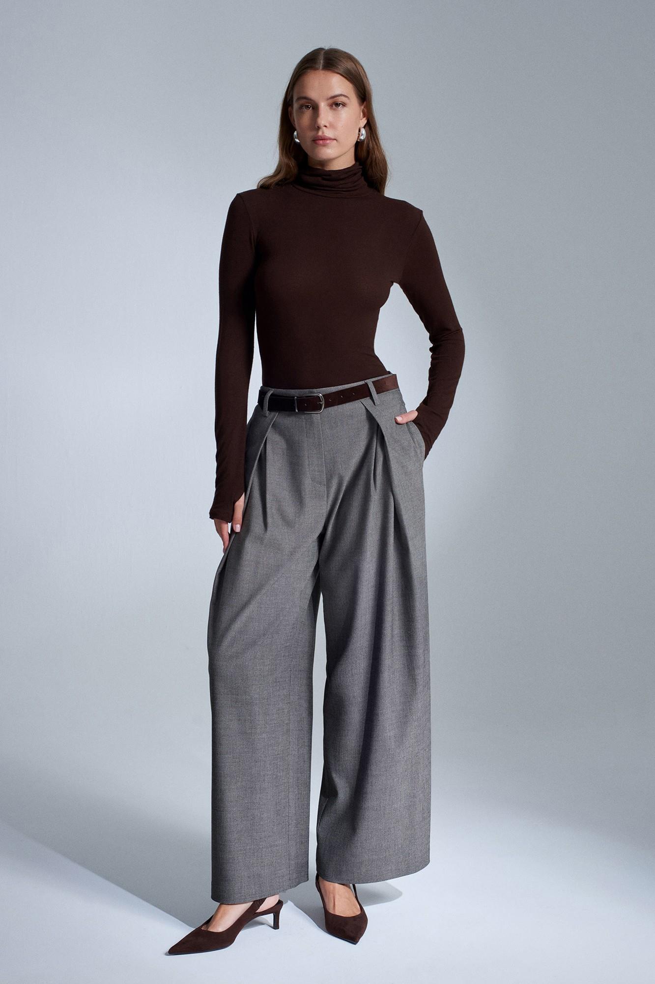 Wholesale Women's Dark Mink Wide-Leg Trousers with Darts 0431-72214