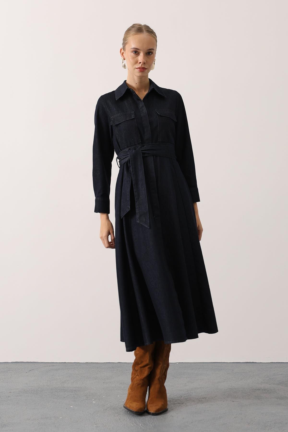 Wholesale Women's Dark Navy Denim Midi Dress with Belt 0061-35525