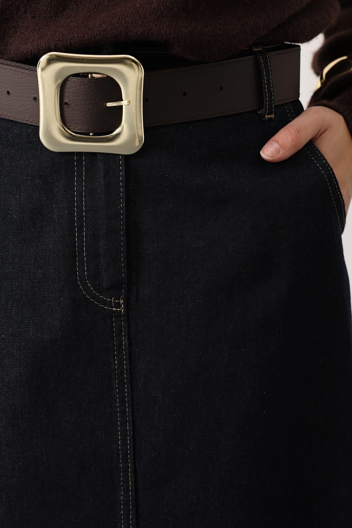 Wholesale Women's Dark Navy Denim Midi Skirt with Belt 0061-37186