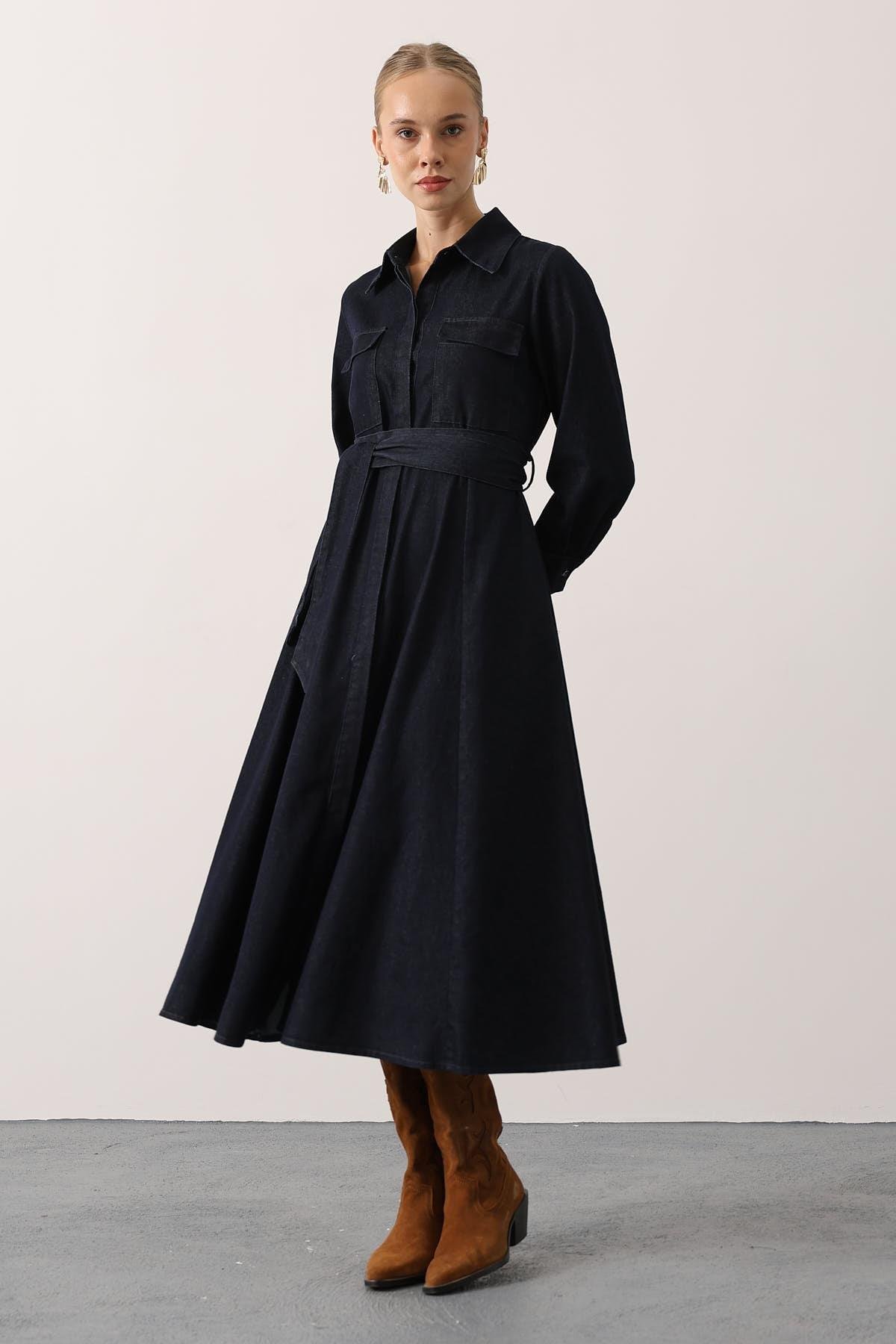 Wholesale Women's Dark Navy Denim Midi Dress with Belt 0061-35525
