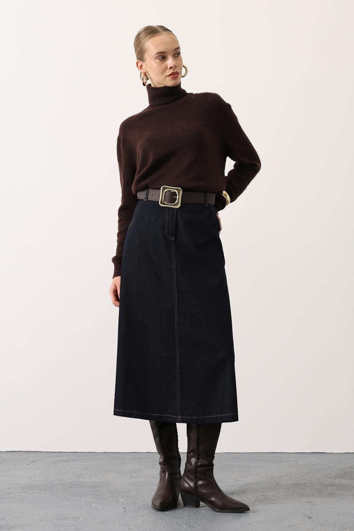 Wholesale Women's Dark Navy Denim Midi Skirt with Belt 0061-37186