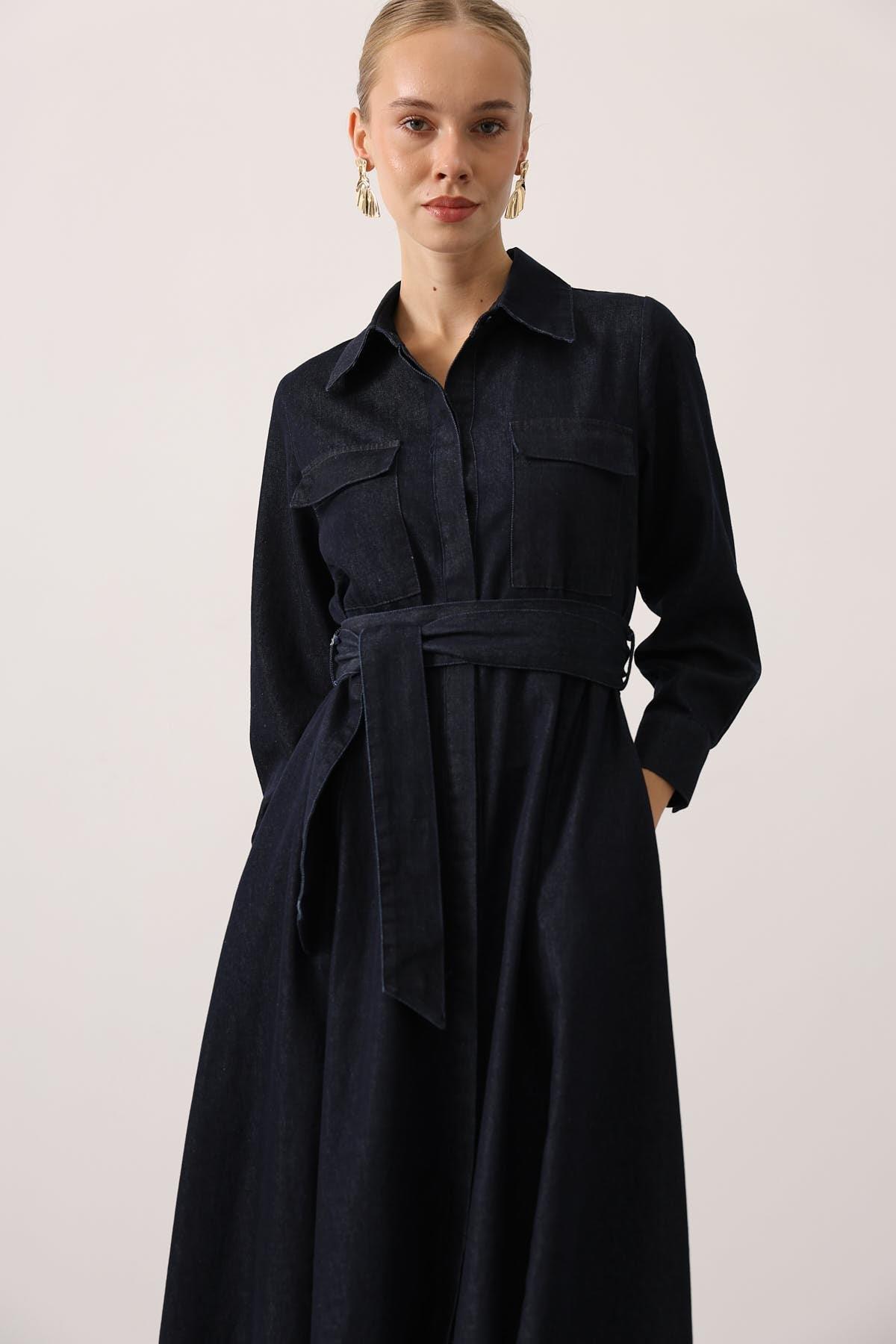 Wholesale Women's Dark Navy Denim Midi Dress with Belt 0061-35525