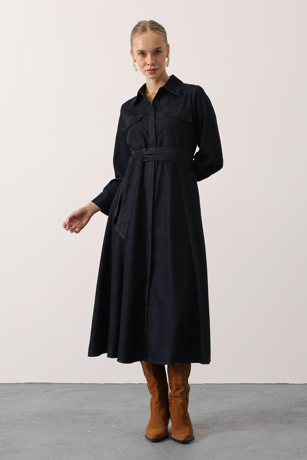Wholesale Women's Dark Navy Denim Midi Dress with Belt 0061-35525