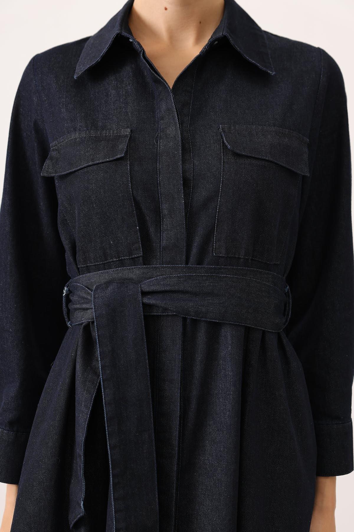 Wholesale Women's Dark Navy Denim Midi Dress with Belt 0061-35525