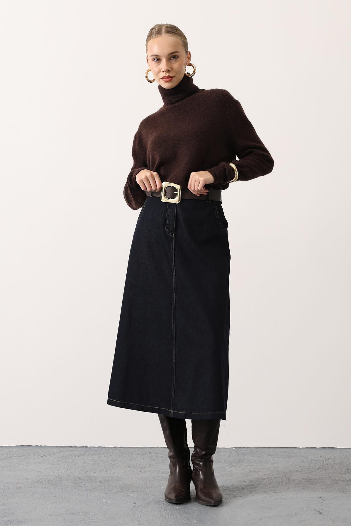 Wholesale Women's Dark Navy Denim Midi Skirt with Belt 0061-37186